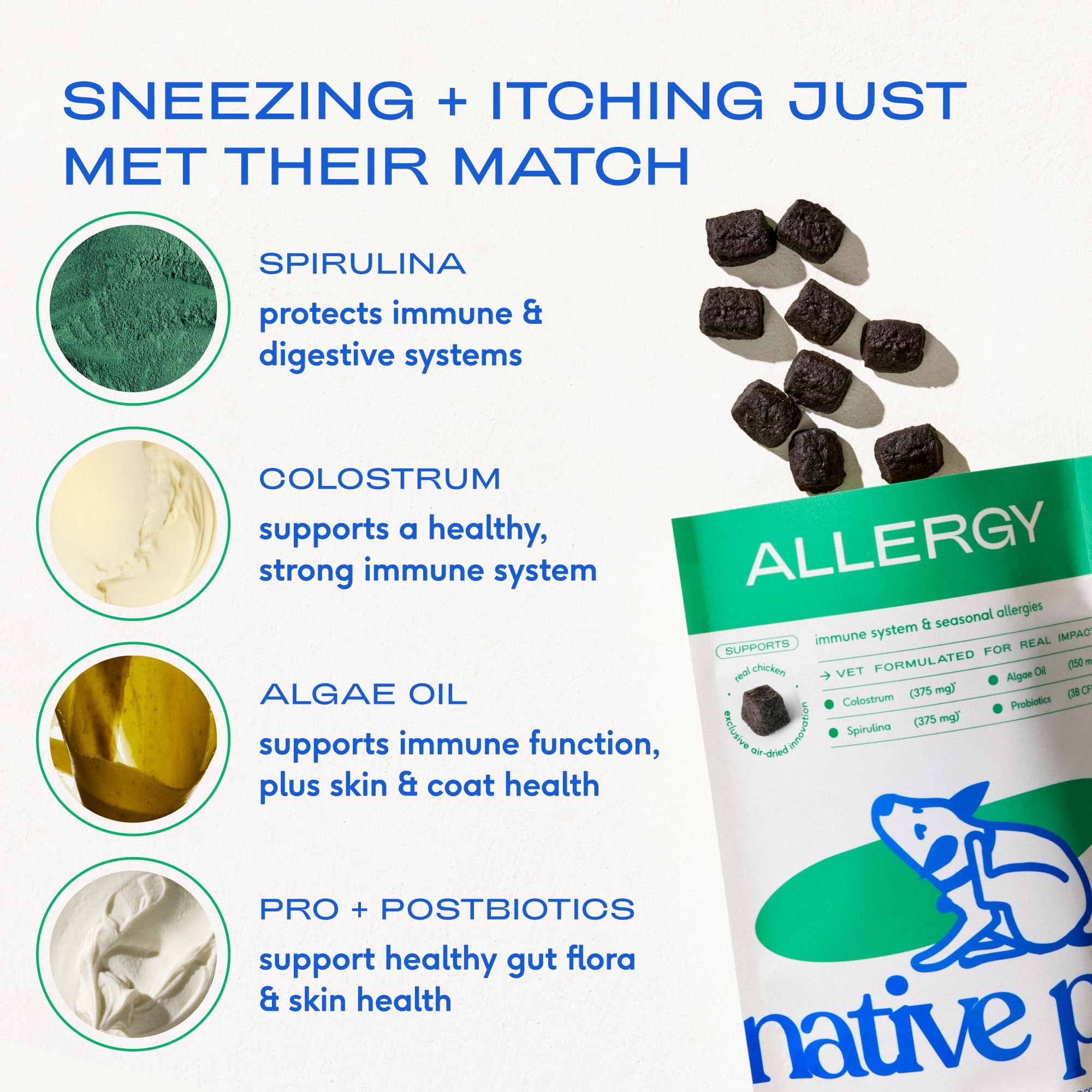 Native Pet Dog Allergy Chews - Dog Allergy Relief for Medium Breeds - Supports Seasonal Itch Relief, Healthy Immune Function & Reduces Sneezing - Colostrum, Spirulina, & Probiotics - 30 Days Supply - OzHealthStandard