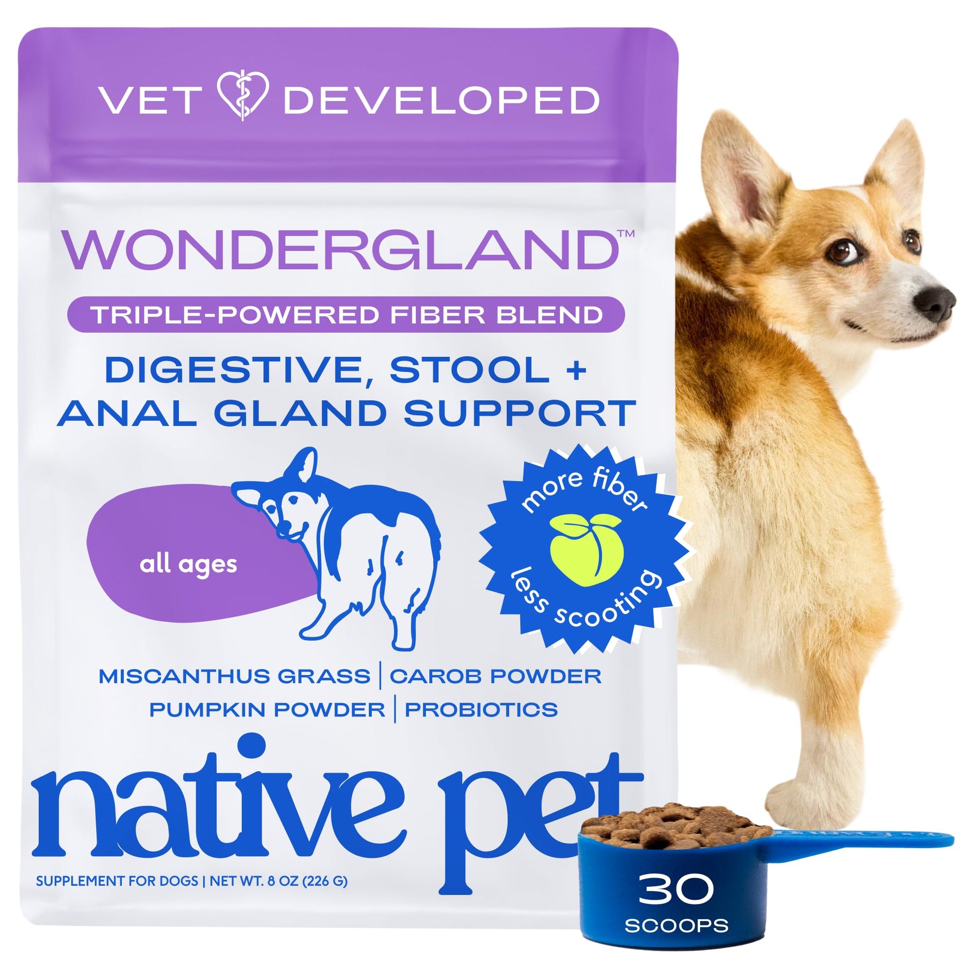 Native Pet WonderGland - Dog Anal Gland Supplement - Promotes Firm Stools, Natural Gland Expression to Help Reduce Scooting - Fiber Food Topper with Miscanthus Grass, Pumpkin & Probiotics - 30 Scoops - OzHealthStandard