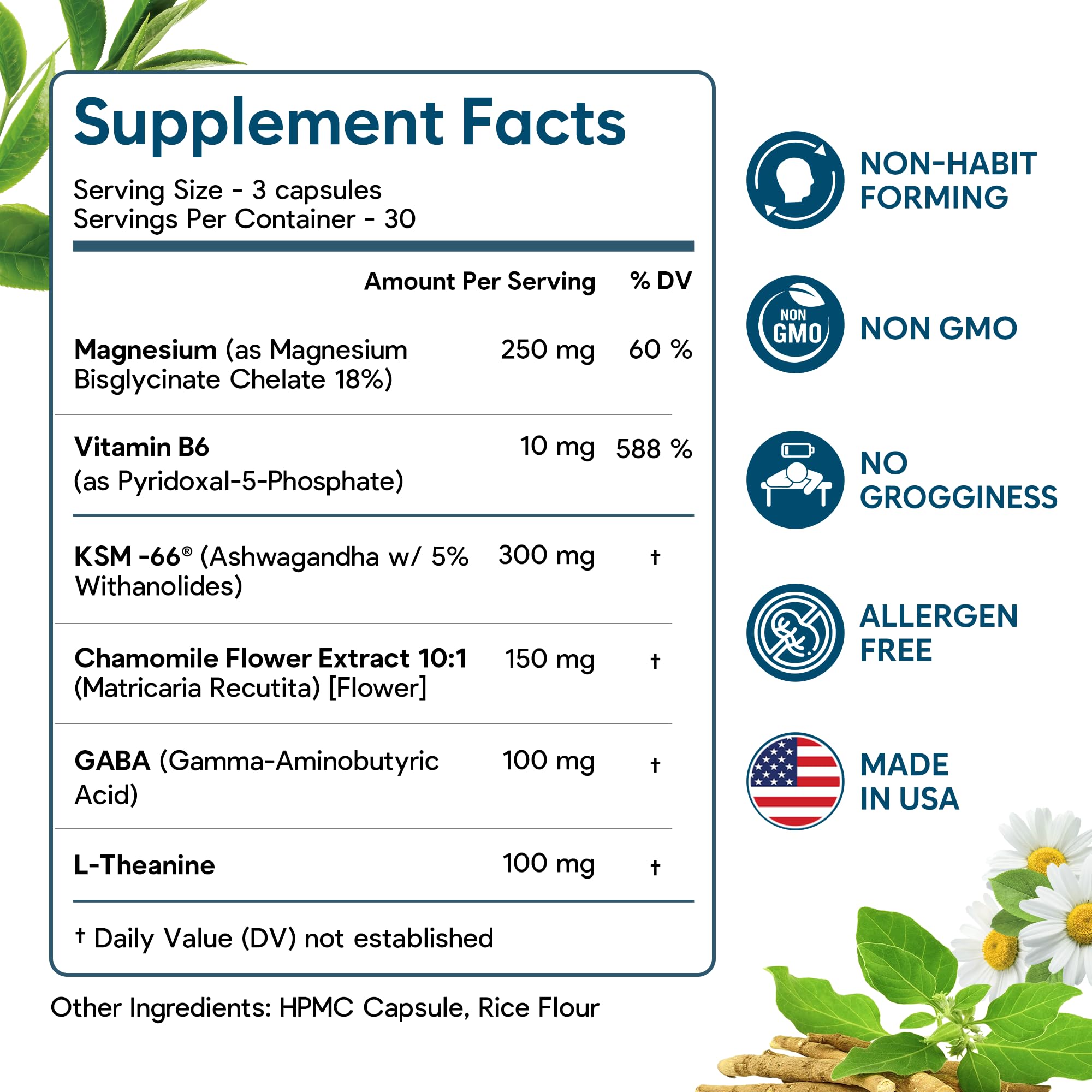 Natural Chelated Magnesium Glycinate Sleep Aid - Melatonin-Free Sleep & Stress Relief with KSM-66 Ashwagandha, GABA, L-Theanine & Chamomile for Muscle Relaxation - Made in USA - 90 Capsules - OzHealthStandard