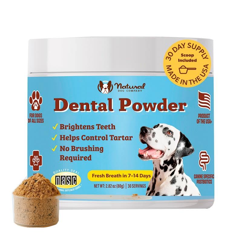 Natural Dog Company Dental Powder for Dogs – Freshens Breath & Helps Reduce Plaque & Tartar, Natural No-Brushing Canine Oral Health Postbiotic Supplement, Vet Formulated, Made in USA, 30-Day Supply - OzHealthStandard