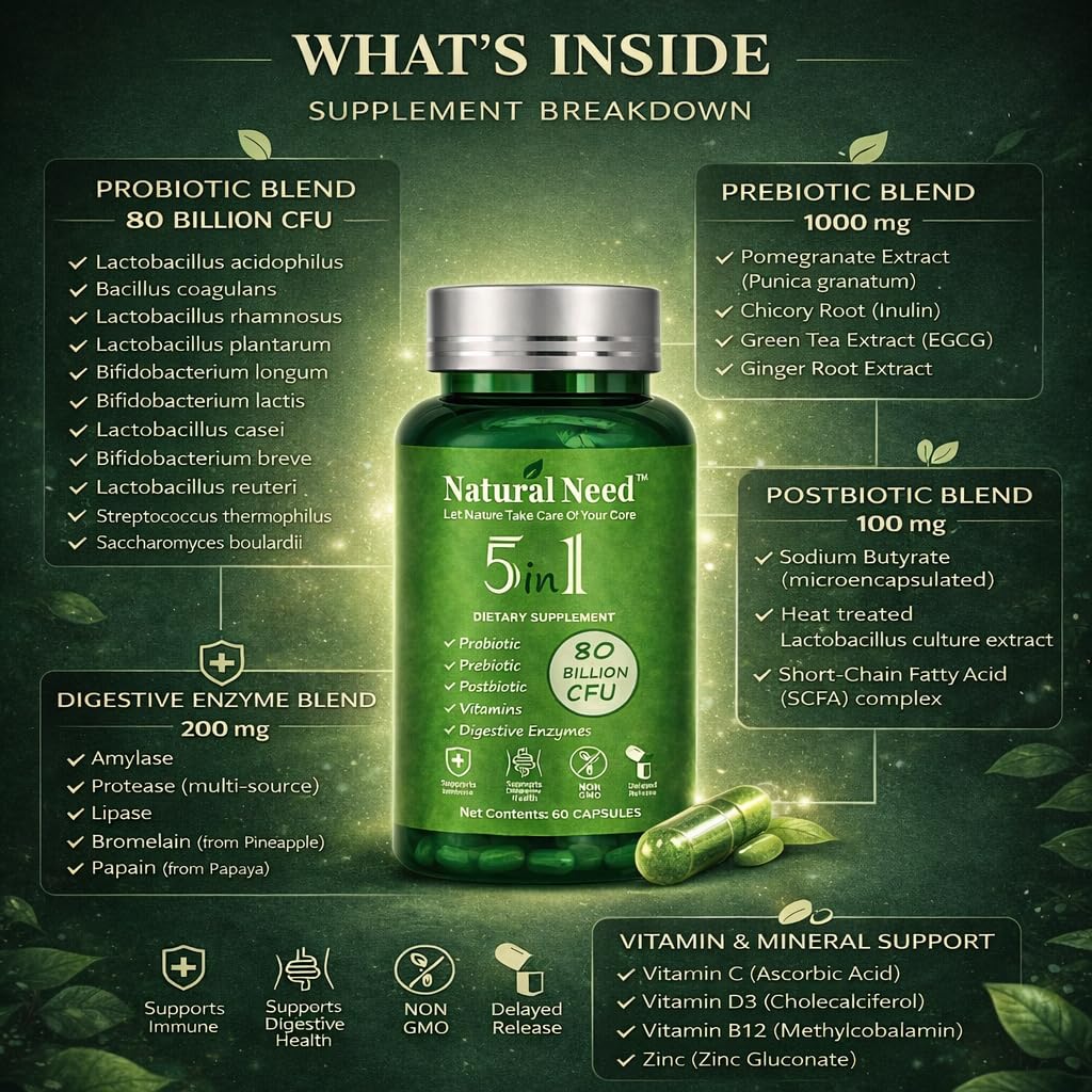 NATURAL NEED™ Gut Health – 5-in-1 Formula with Probiotics, Prebiotics, Postbiotics, Enzymes & Vitamins (C,D3,B12,Zinc) – Delayed Release Capsule – Supports Overall Digestion, Immunity & Gut – 60 Vegan - OzHealthStandard