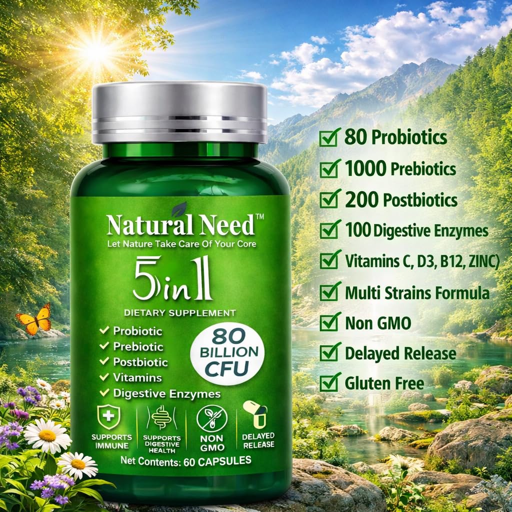 NATURAL NEED™ Gut Health – 5-in-1 Formula with Probiotics, Prebiotics, Postbiotics, Enzymes & Vitamins (C,D3,B12,Zinc) – Delayed Release Capsule – Supports Overall Digestion, Immunity & Gut – 60 Vegan - OzHealthStandard