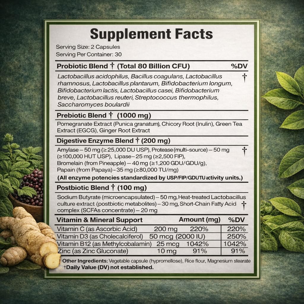 NATURAL NEED™ Gut Health – 5-in-1 Formula with Probiotics, Prebiotics, Postbiotics, Enzymes & Vitamins (C,D3,B12,Zinc) – Delayed Release Capsule – Supports Overall Digestion, Immunity & Gut – 60 Vegan - OzHealthStandard