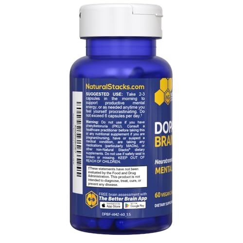 NATURAL STACKS Dopamine Brain Food - 650mg L-Tyrosine Supplement - Dopamine Supplement for Focus & Mental Drive - Supports Mental Energy - Neurotransmitter Support with B Vitamins - 60 Capsules - OzHealthStandard