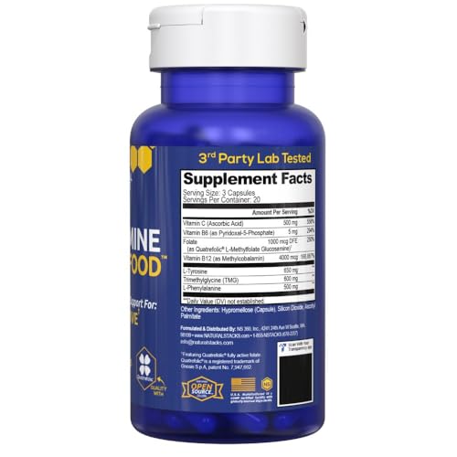 NATURAL STACKS Dopamine Brain Food - 650mg L-Tyrosine Supplement - Dopamine Supplement for Focus & Mental Drive - Supports Mental Energy - Neurotransmitter Support with B Vitamins - 60 Capsules - OzHealthStandard