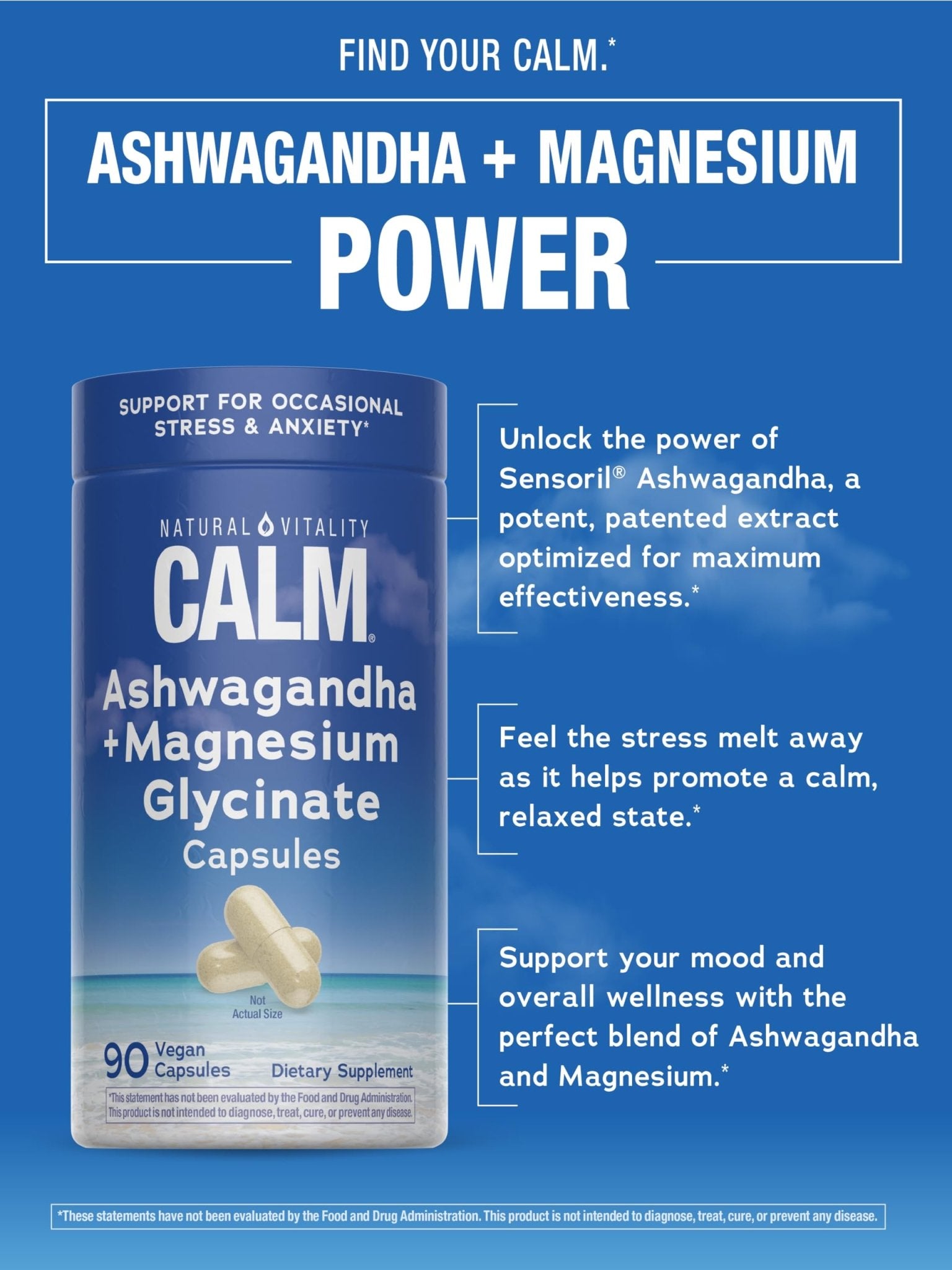 Natural Vitality Calm Ashwagandha + Magnesium Glycinate Capsules | Support for Occasional Stress & Anxiety | Gluten Free Supplement | 90 Count - OzHealthStandard