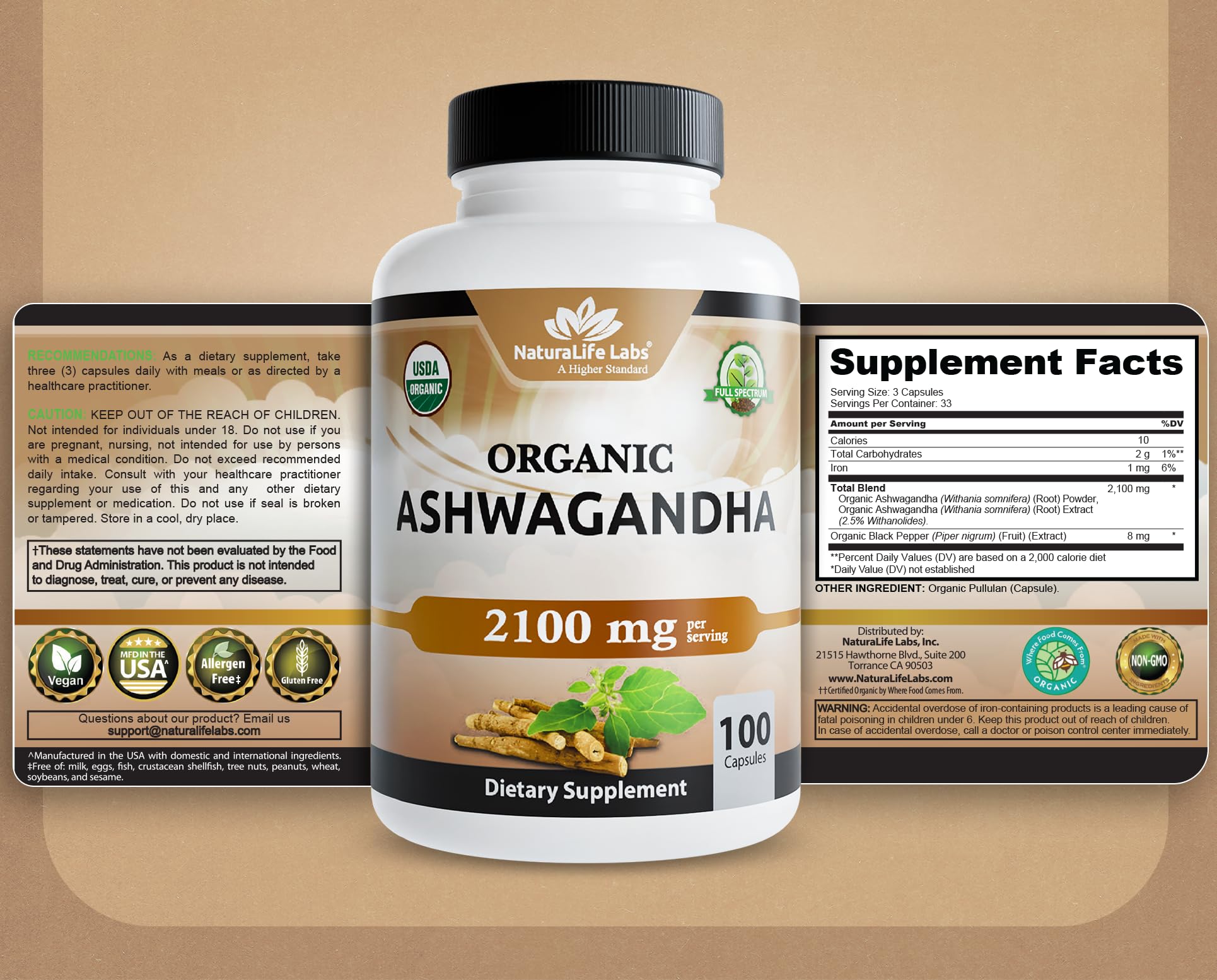 NaturaLife Labs Organic Ashwagandha 2100 mg per Serving – Herbal Supplement Root Powder & Extract – 100 Capsules – Vegan, Non-GMO, Gluten-Free - OzHealthStandard