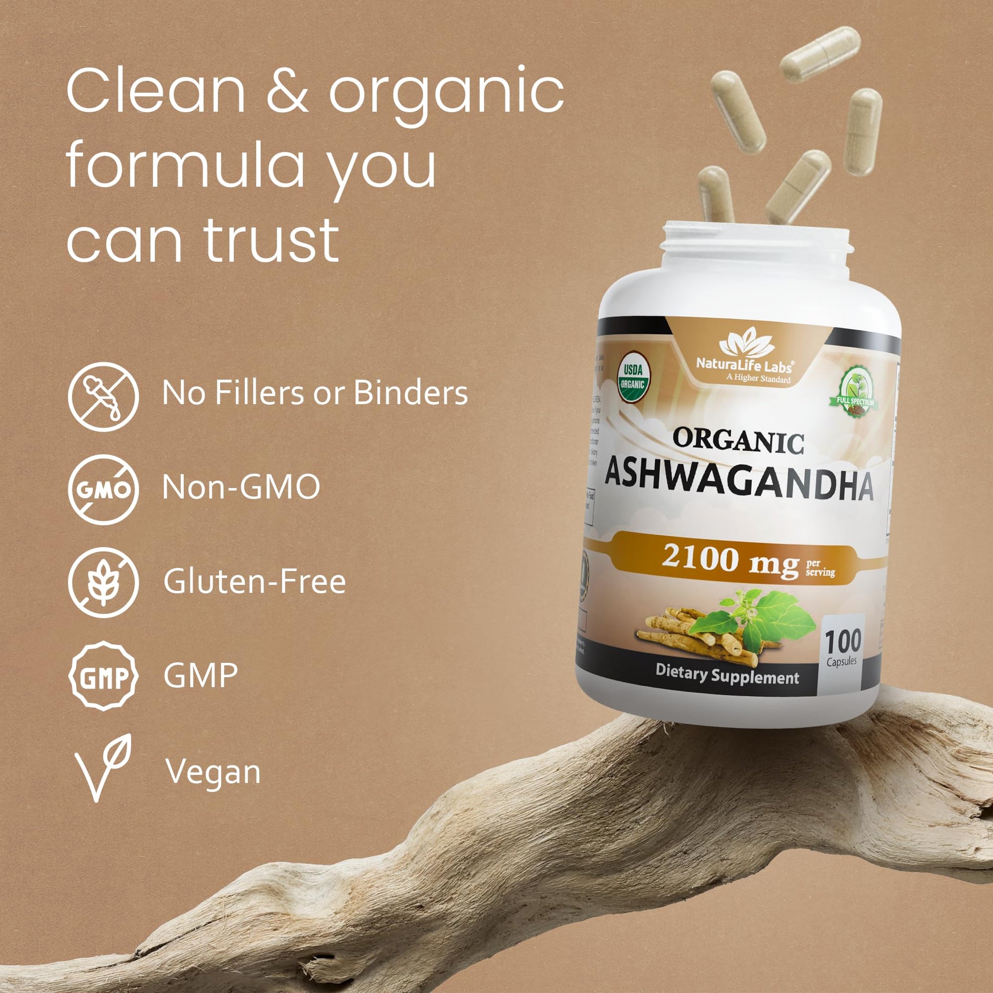 NaturaLife Labs Organic Ashwagandha 2100 mg per Serving – Herbal Supplement Root Powder & Extract – 100 Capsules – Vegan, Non-GMO, Gluten-Free - OzHealthStandard