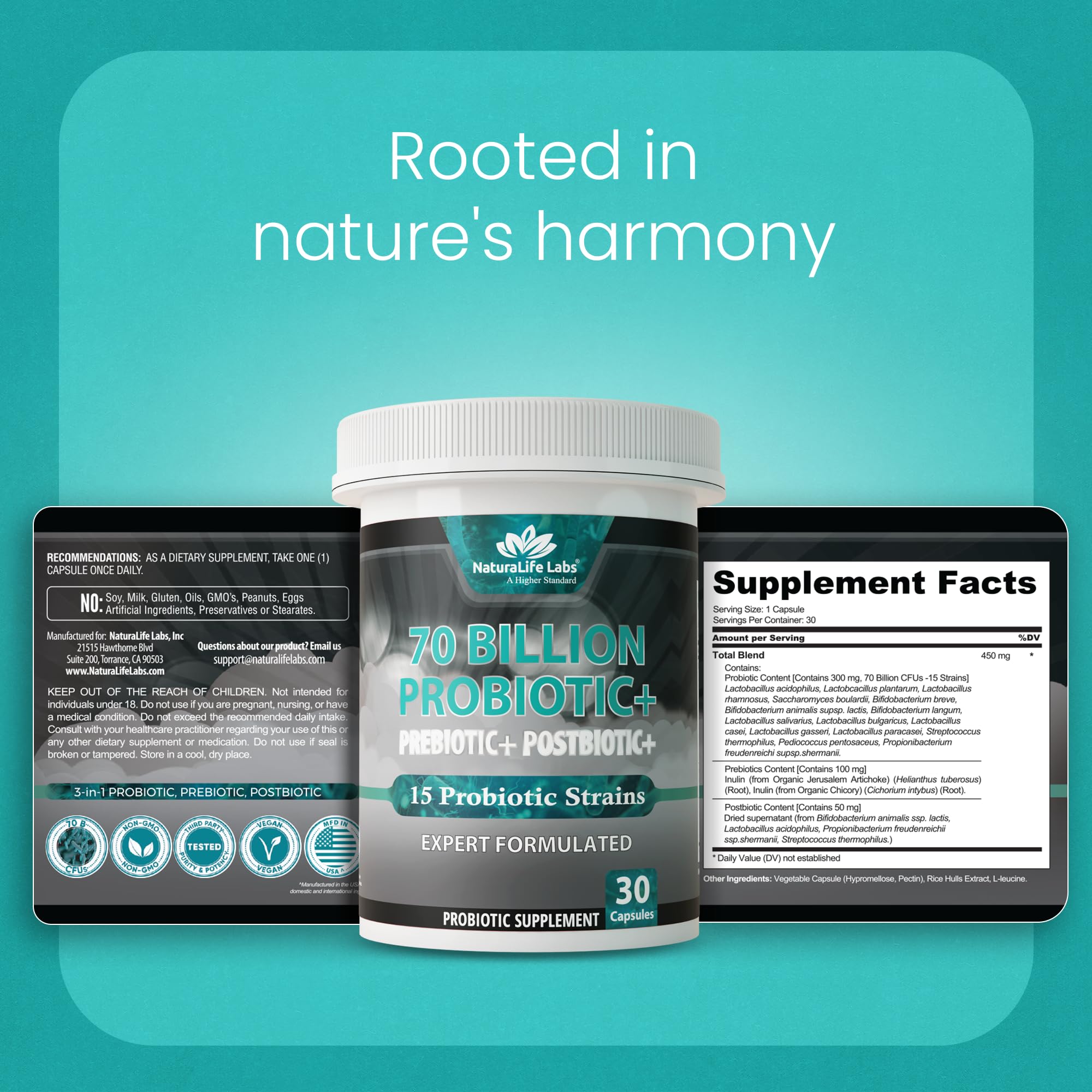 NaturaLife Labs Probiotics 70 Billion CFU – 15 Strains with Organic Prebiotic & Postbiotic – 3-in-1 Formula – 30 Vegan Capsules - OzHealthStandard