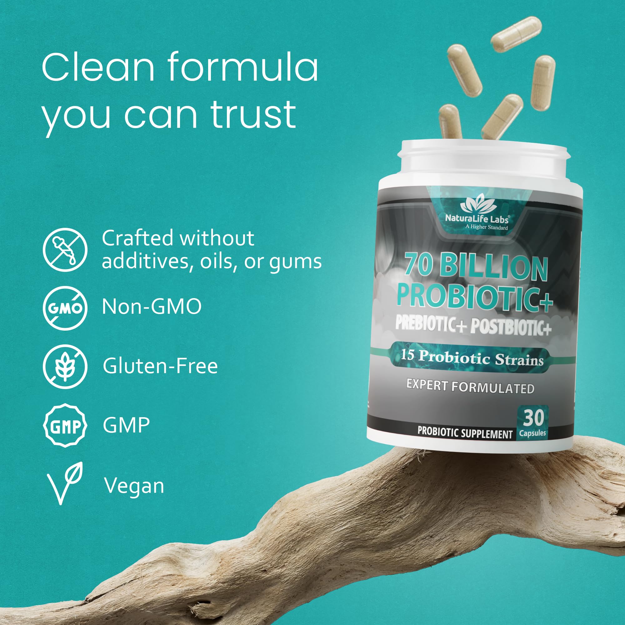 NaturaLife Labs Probiotics 70 Billion CFU – 15 Strains with Organic Prebiotic & Postbiotic – 3-in-1 Formula – 30 Vegan Capsules - OzHealthStandard
