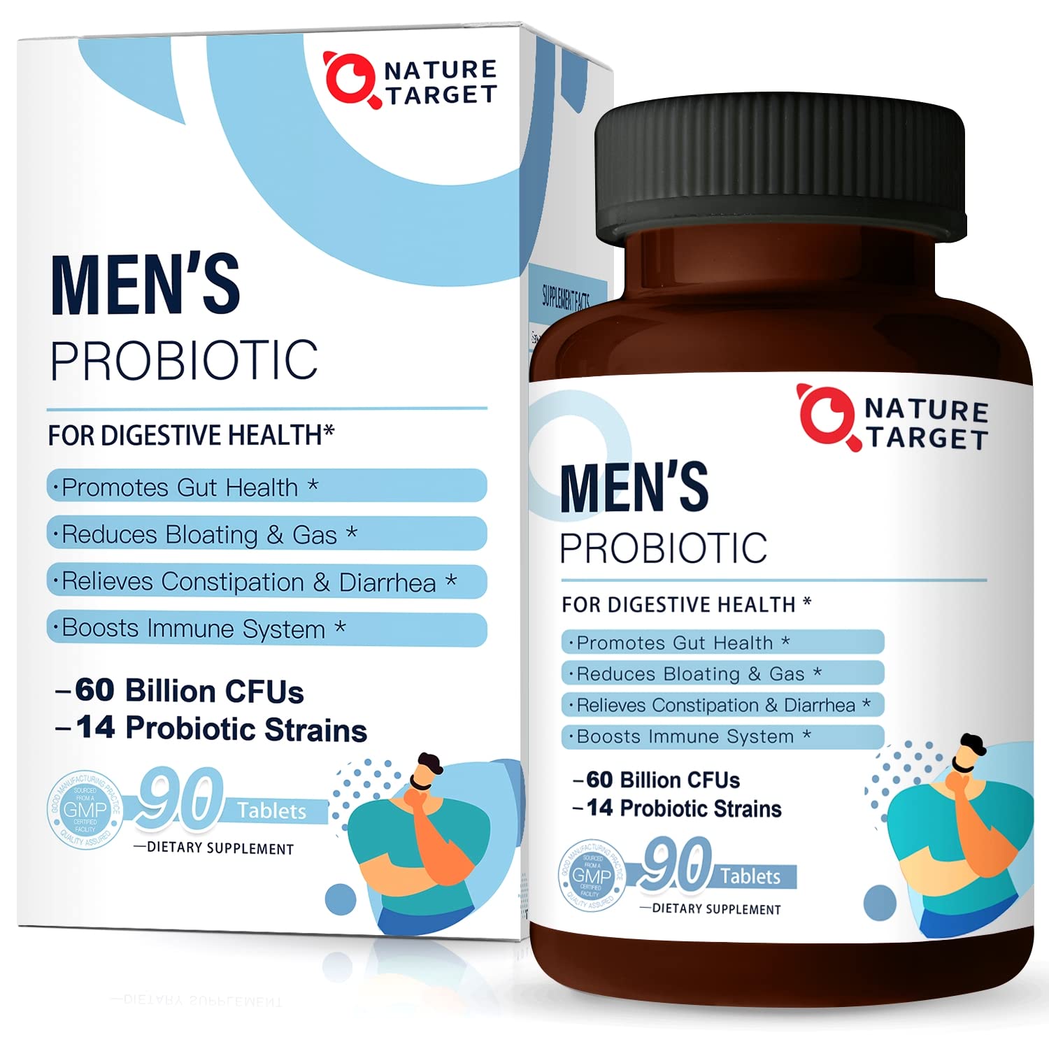NATURE TARGET Probiotics for Men with Men Care Supplement, Prebiotics & Probiotic for Men's Digestive and Immune Health,60 Billion CFUs & 14 Strains Shelf Stable, - OzHealthStandard