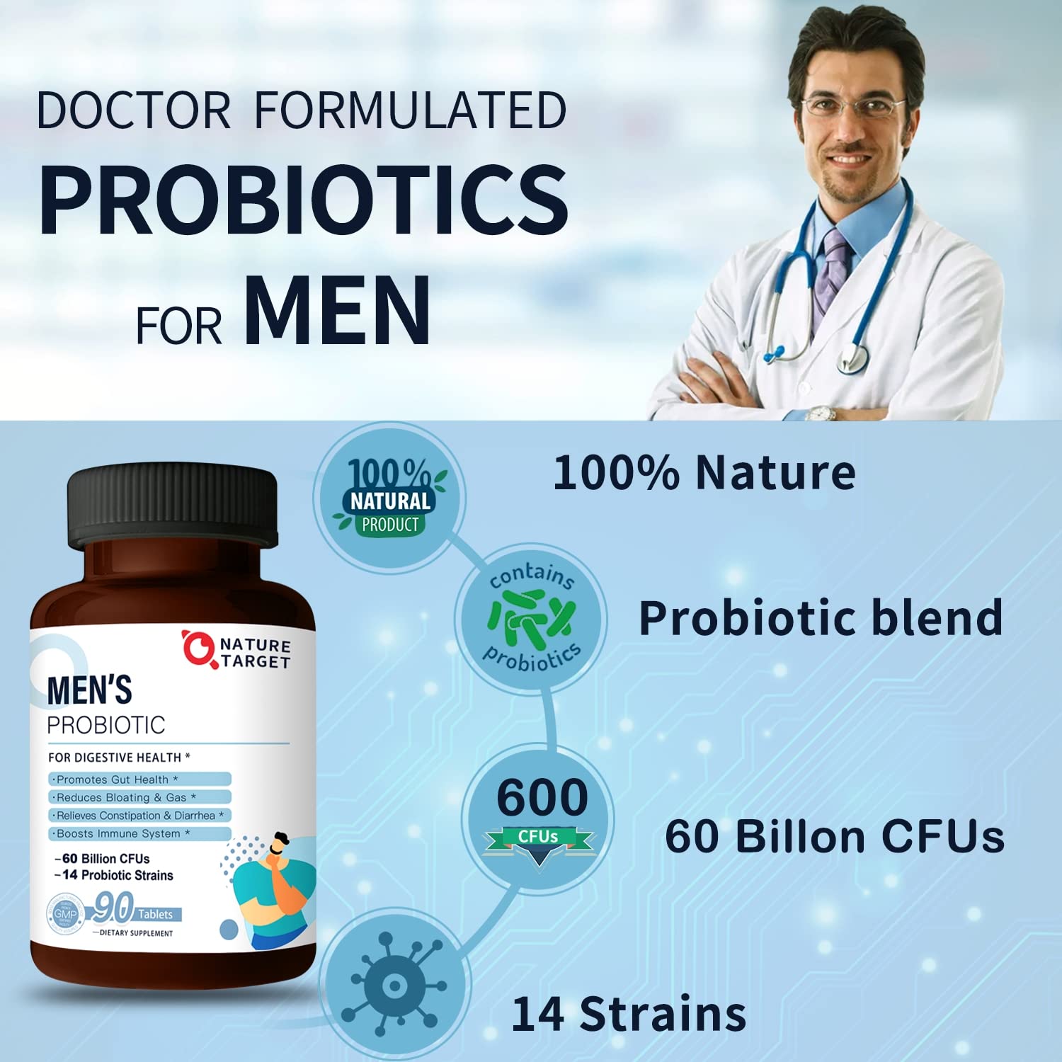 NATURE TARGET Probiotics for Men with Men Care Supplement, Prebiotics & Probiotic for Men's Digestive and Immune Health,60 Billion CFUs & 14 Strains Shelf Stable, - OzHealthStandard