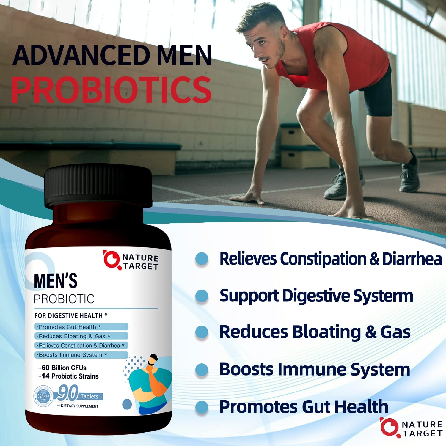 NATURE TARGET Probiotics for Men with Men Care Supplement, Prebiotics & Probiotic for Men's Digestive and Immune Health,60 Billion CFUs & 14 Strains Shelf Stable, - OzHealthStandard
