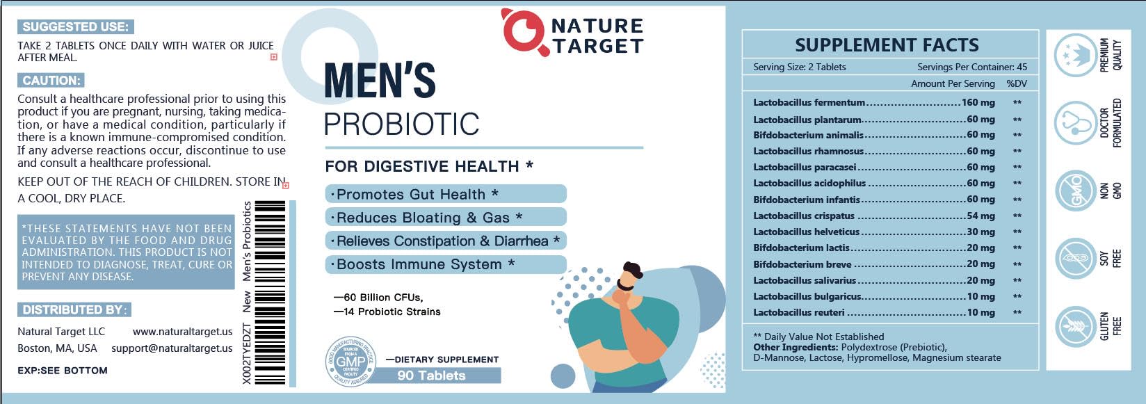 NATURE TARGET Probiotics for Men with Men Care Supplement, Prebiotics & Probiotic for Men's Digestive and Immune Health,60 Billion CFUs & 14 Strains Shelf Stable, - OzHealthStandard