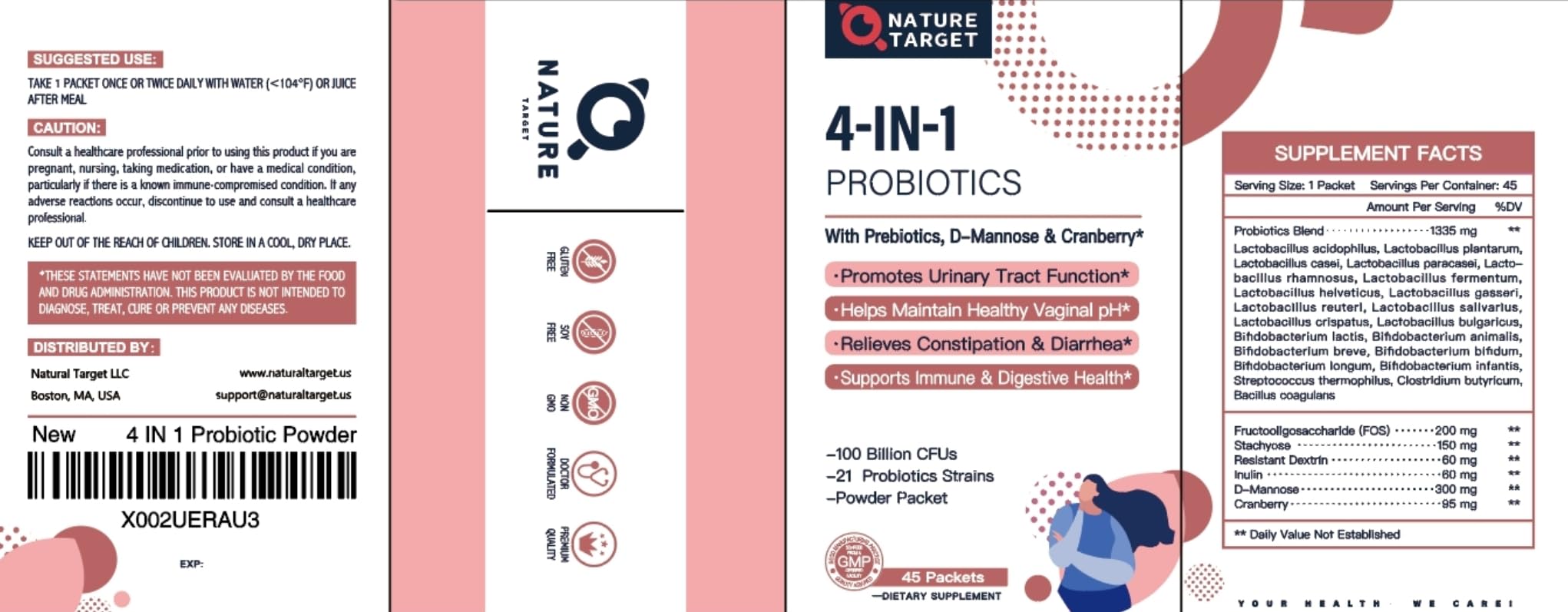 NATURE TARGET Probiotics-for-Women Prebiotics-and-Probiotics-Powder, 100-Billion-CFUs 45-Day-Supply, Women's-Probiotic with D-Mannose and Cranberry for Urinary Tract/Gut/Digestive Health - OzHealthStandard