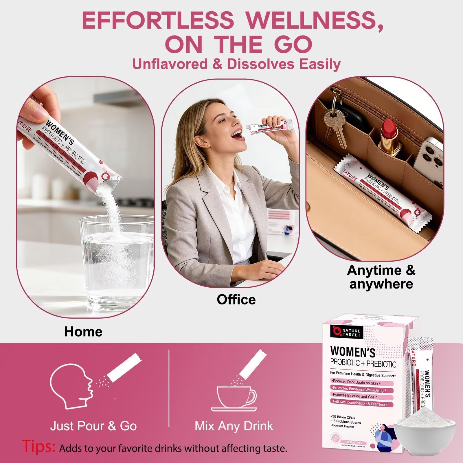 NATURE TARGET Probiotics for Women Probiotic Powder - 50 Billion CFUs, 13 Strains Supports for Digestive Vaginal Health, Bloating Relief, 30 Stick Packs - OzHealthStandard