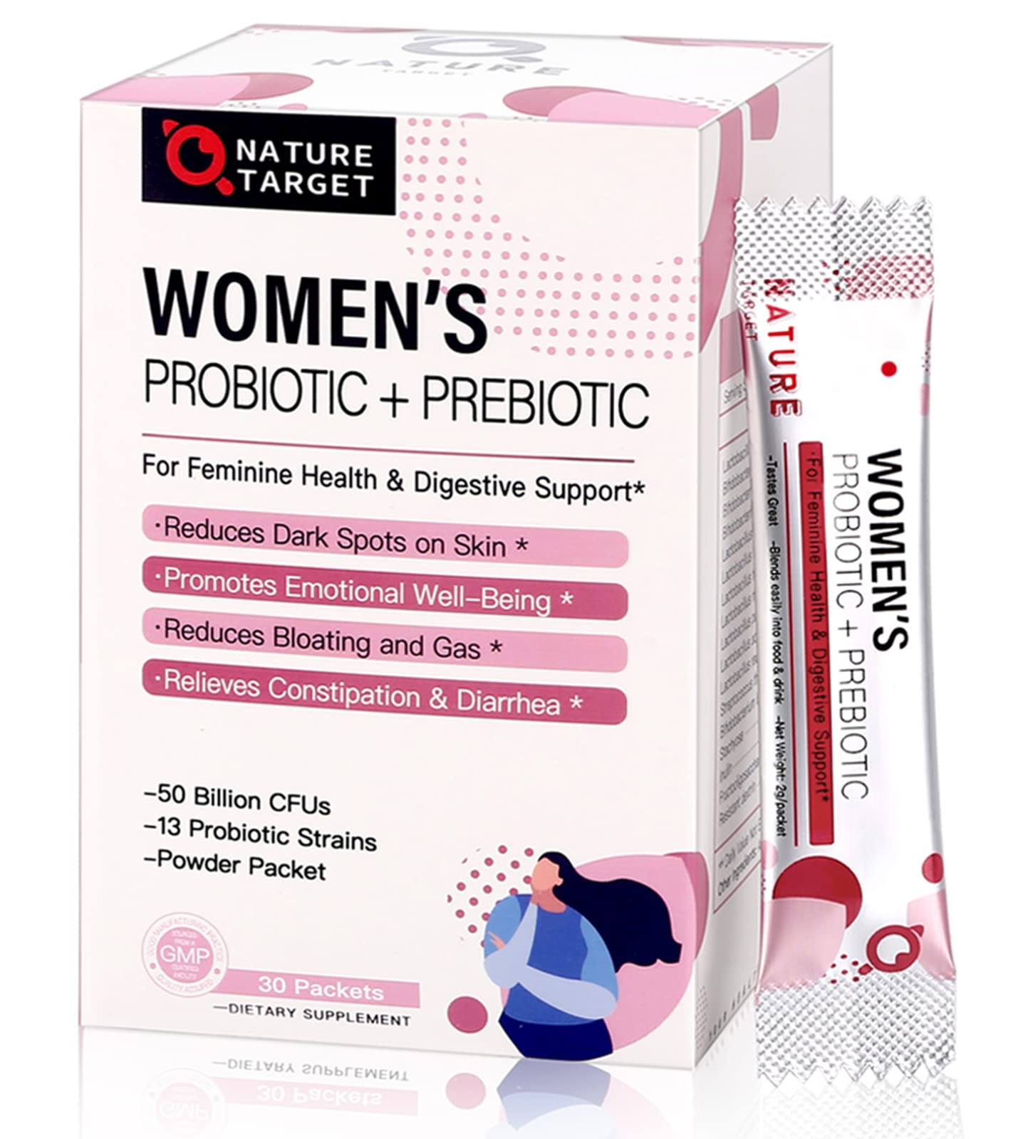 NATURE TARGET Probiotics for Women Probiotic Powder - 50 Billion CFUs, 13 Strains Supports for Digestive Vaginal Health, Bloating Relief, 30 Stick Packs - OzHealthStandard