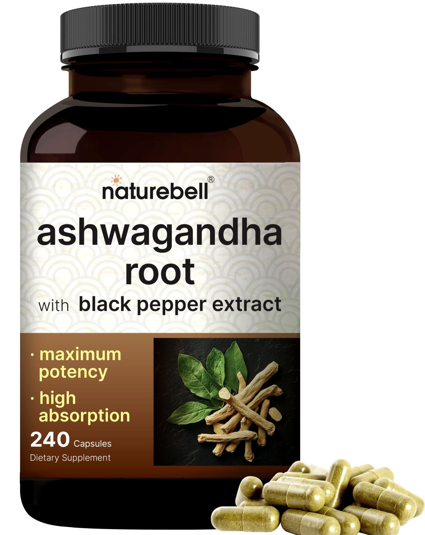 NatureBell Ashwagandha Root with Black Pepper Extract - 240 Capsules - High Strength Adaptogen for Calmness, Relaxation & Immune Support* - OzHealthStandard