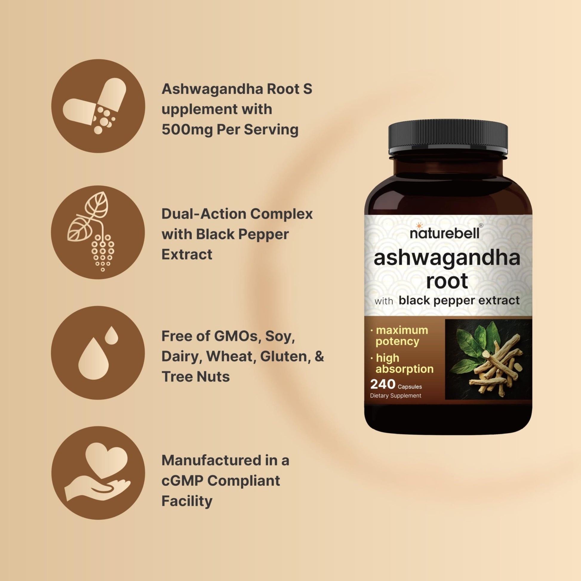 NatureBell Ashwagandha Root with Black Pepper Extract - 240 Capsules - High Strength Adaptogen for Calmness, Relaxation & Immune Support* - OzHealthStandard