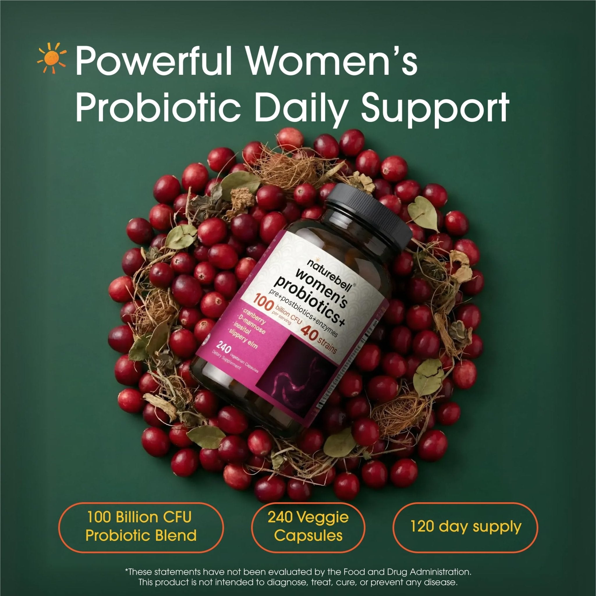 NatureBell Women's Probiotics+ - 240 Vegetarian Capsules - Prebiotic, Probiotic, Postbiotic & Digestive Enzymes - Made with Cranberry, D-Mannose, Inositol & More - OzHealthStandard