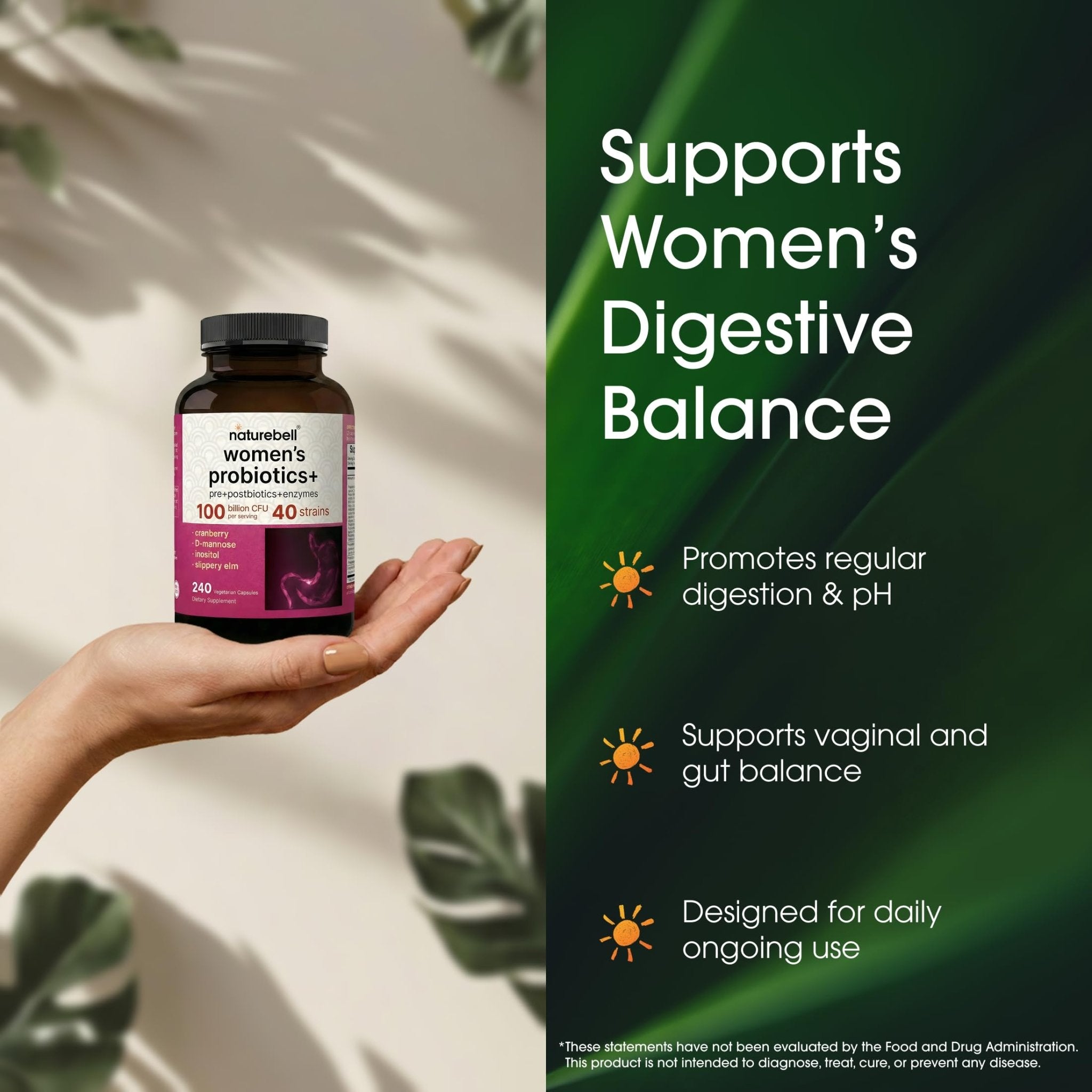 NatureBell Women's Probiotics+ - 240 Vegetarian Capsules - Prebiotic, Probiotic, Postbiotic & Digestive Enzymes - Made with Cranberry, D-Mannose, Inositol & More - OzHealthStandard