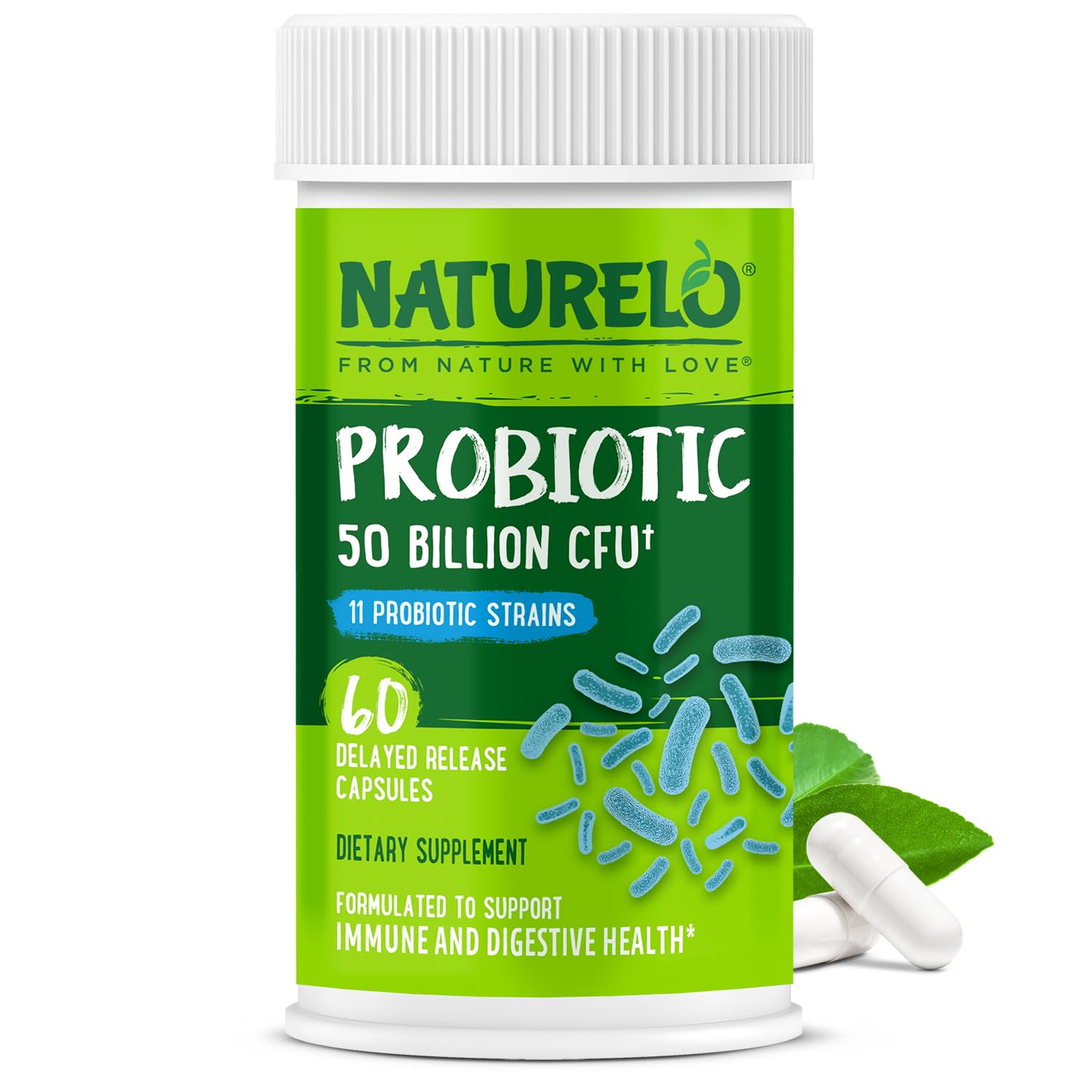 NATURELO Probiotics for Digestive Health, 50 Billion CFU, 60 Vegetarian Capsules, 11 Strains, Daily Use Supplement, Delayed Release, No-Fridge, Boosts Immune System, Probiotics for Women & Men - OzHealthStandard
