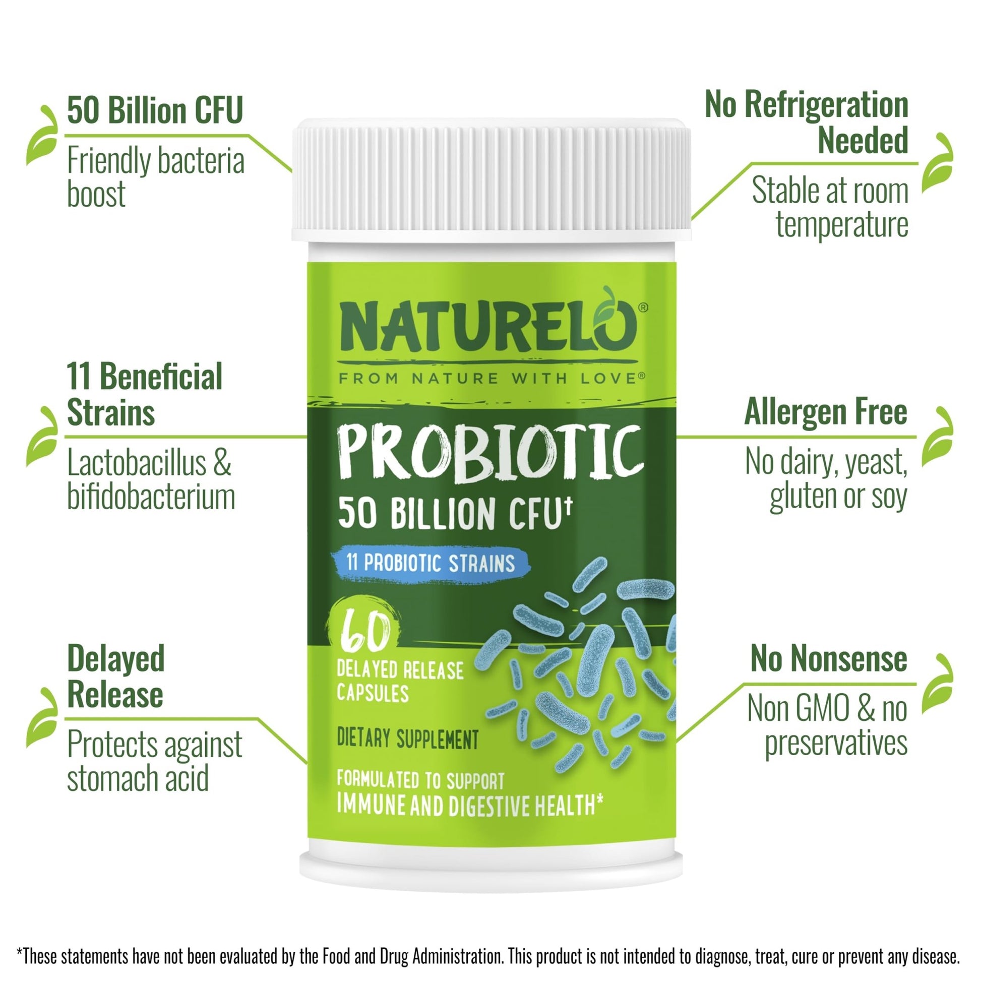 NATURELO Probiotics for Digestive Health, 50 Billion CFU, 60 Vegetarian Capsules, 11 Strains, Daily Use Supplement, Delayed Release, No-Fridge, Boosts Immune System, Probiotics for Women & Men - OzHealthStandard
