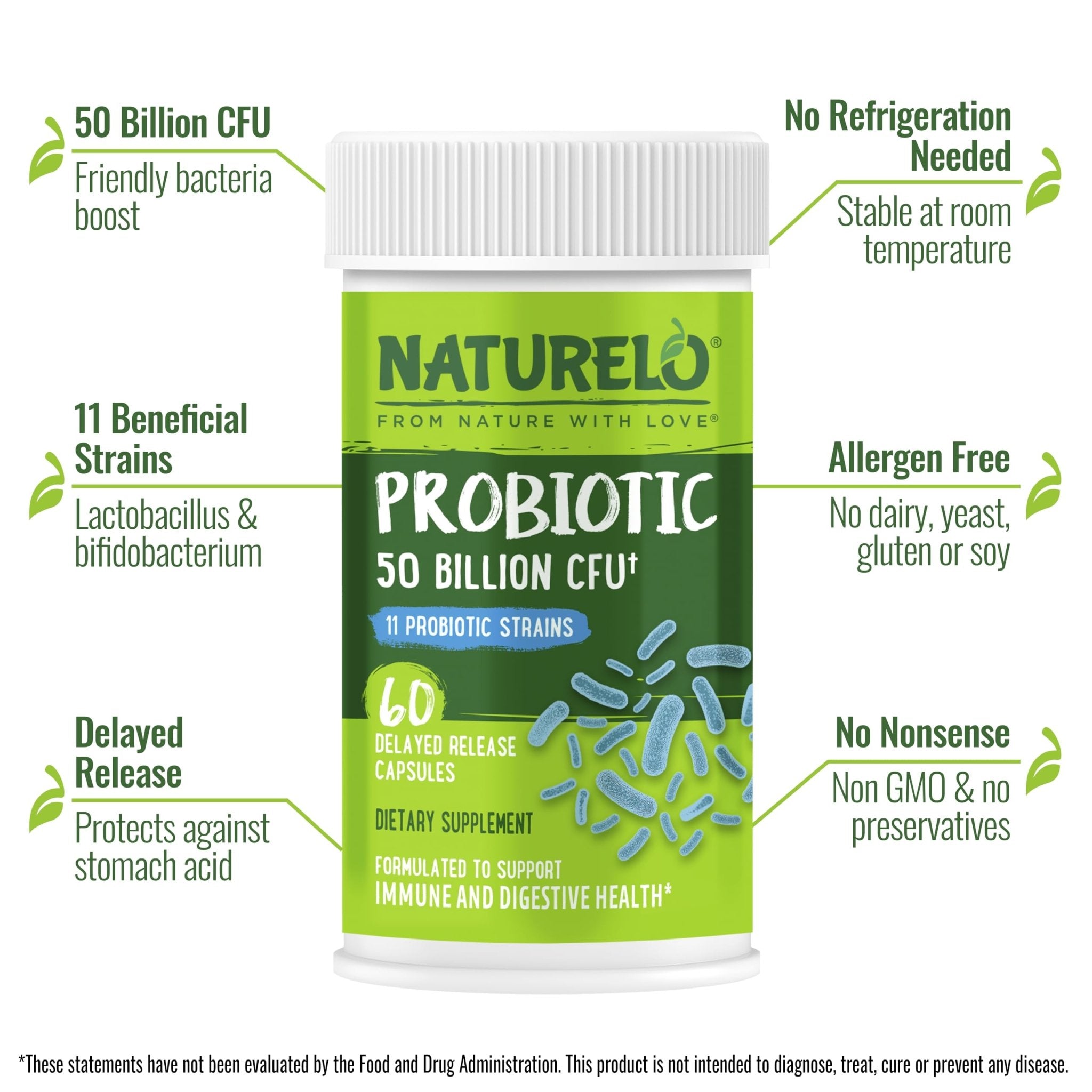 NATURELO Probiotics for Digestive Health, 50 Billion CFU, 60 Vegetarian Capsules, 11 Strains, Daily Use Supplement, Delayed Release, No-Fridge, Boosts Immune System, Probiotics for Women & Men - OzHealthStandard