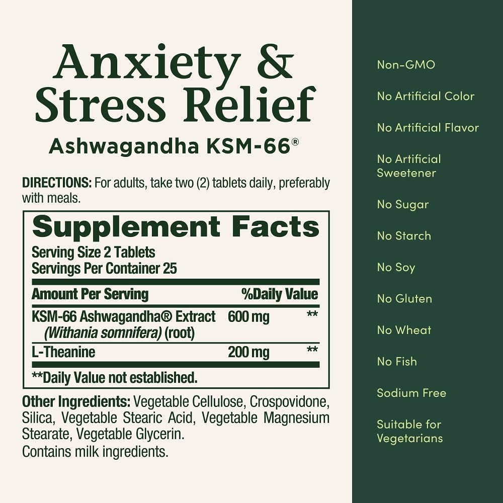 Nature's Bounty Stress Relief Ashwagandha KSM 66 Tablets, Mood Support, 50 Count - OzHealthStandard