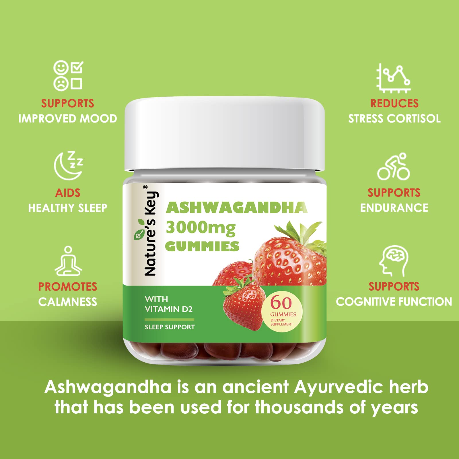 Nature's Key Ashwagandha Gummies, 3000mg High Potency Ashwagandha Root Extract with Vitamin D2, Stress, Calm Mood & Cognition, for Men & Women, Strawberry Flavor (60 Count (Pack of 1) - OzHealthStandard