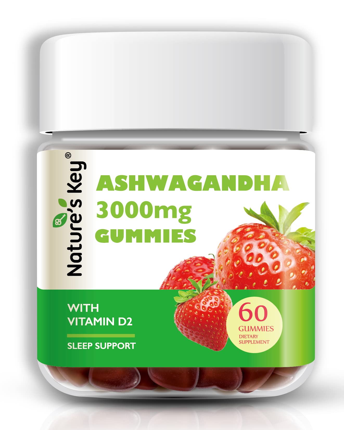 Nature's Key Ashwagandha Gummies, 3000mg High Potency Ashwagandha Root Extract with Vitamin D2, Stress, Calm Mood & Cognition, for Men & Women, Strawberry Flavor (60 Count (Pack of 1) - OzHealthStandard