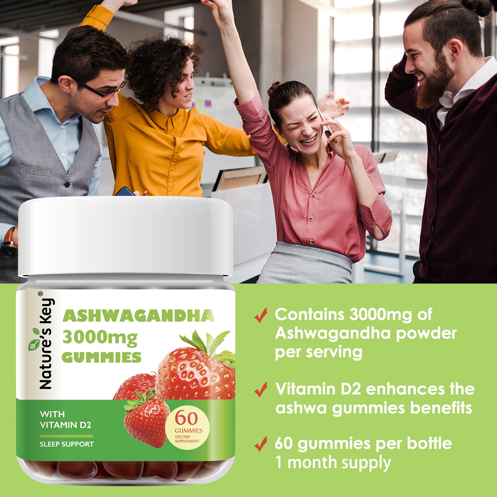Nature's Key Ashwagandha Gummies, 3000mg High Potency Ashwagandha Root Extract with Vitamin D2, Stress, Calm Mood & Cognition, for Men & Women, Strawberry Flavor (60 Count (Pack of 1) - OzHealthStandard
