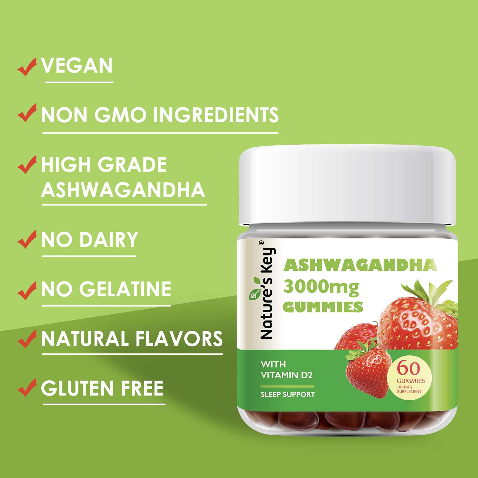 Nature's Key Ashwagandha Gummies, 3000mg High Potency Ashwagandha Root Extract with Vitamin D2, Stress, Calm Mood & Cognition, for Men & Women, Strawberry Flavor (60 Count (Pack of 1) - OzHealthStandard