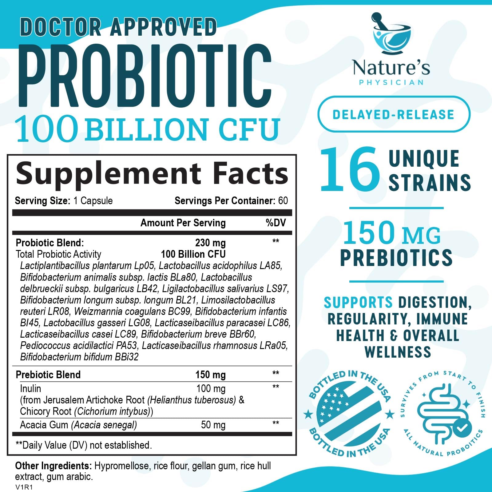 Nature's Physician Probiotics - 100 Billion CFU - 16 Strains + Prebiotics - Best Probiotic Supplement for Women & Men - Supports Immune, Digestive Health, Occasional Constipation & Gas - 60 Capsules - OzHealthStandard