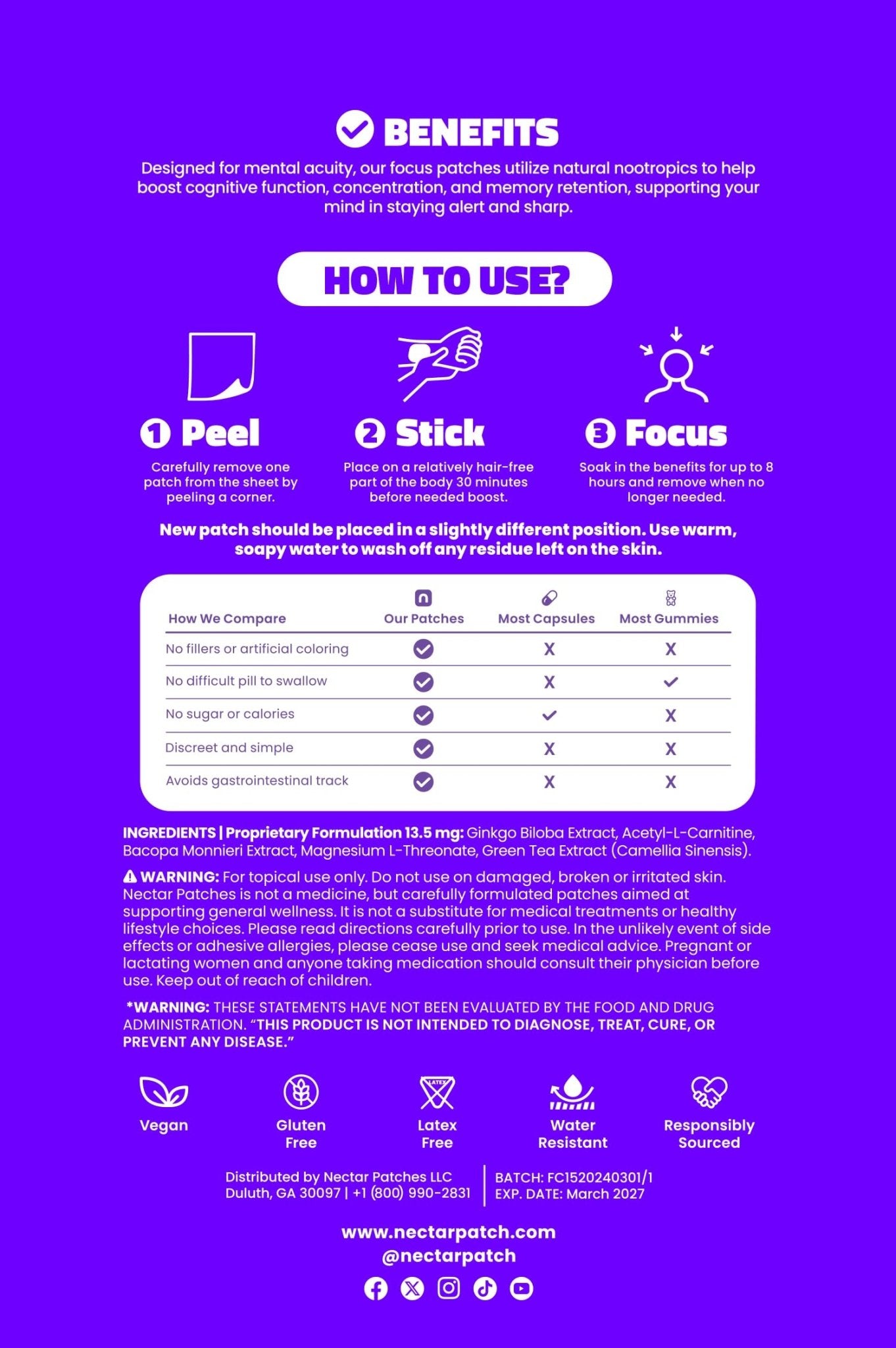 Nectar Focus Patches | Natural Cognitive Support with Ginkgo Biloba, Bacopa & Magnesium for Memory – Mental Clarity Neuro Patches for Work, Study – Clean Plant-Based Nootropic Alternative | 30 Count - OzHealthStandard