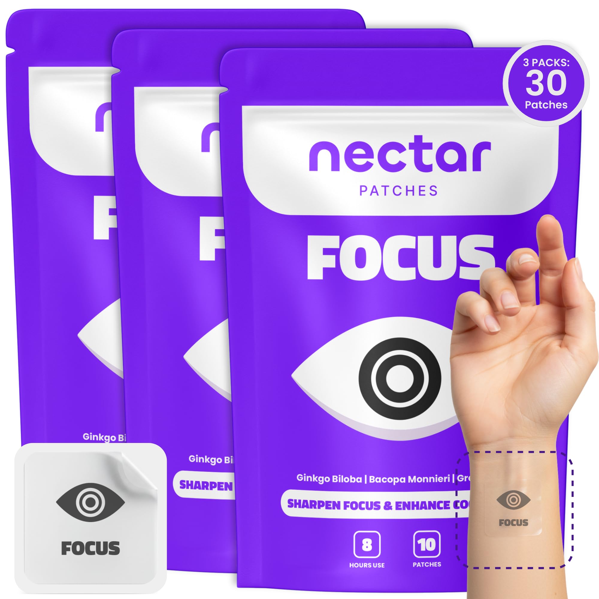 Nectar Focus Patches | Natural Cognitive Support with Ginkgo Biloba, Bacopa & Magnesium for Memory – Mental Clarity Neuro Patches for Work, Study – Clean Plant-Based Nootropic Alternative | 30 Count - OzHealthStandard