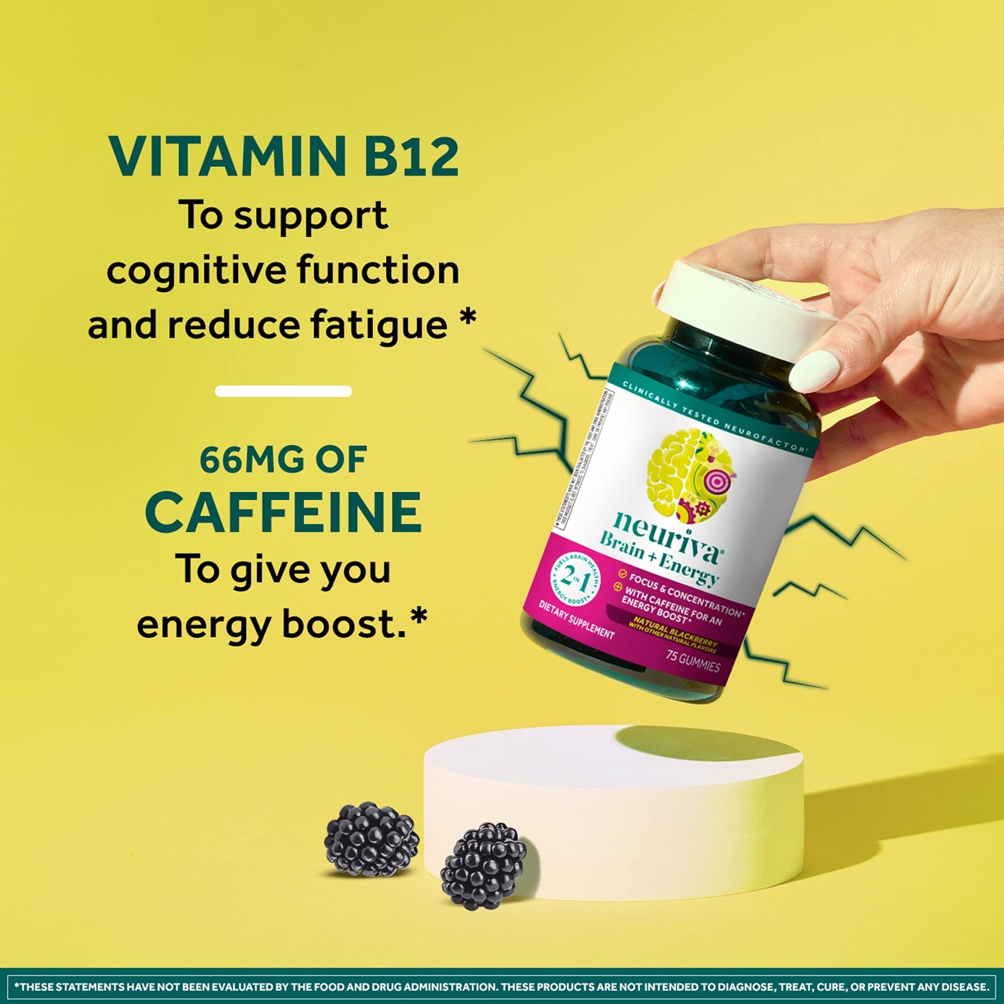 NEURIVA Brain + Energy Gummies, Nootropic Brain Supplements for Focus and Concentration with Neurofactor, Vitamin B12 & Caffeine for an Energy Boost*, 75ct Natural BlackBerry - OzHealthStandard