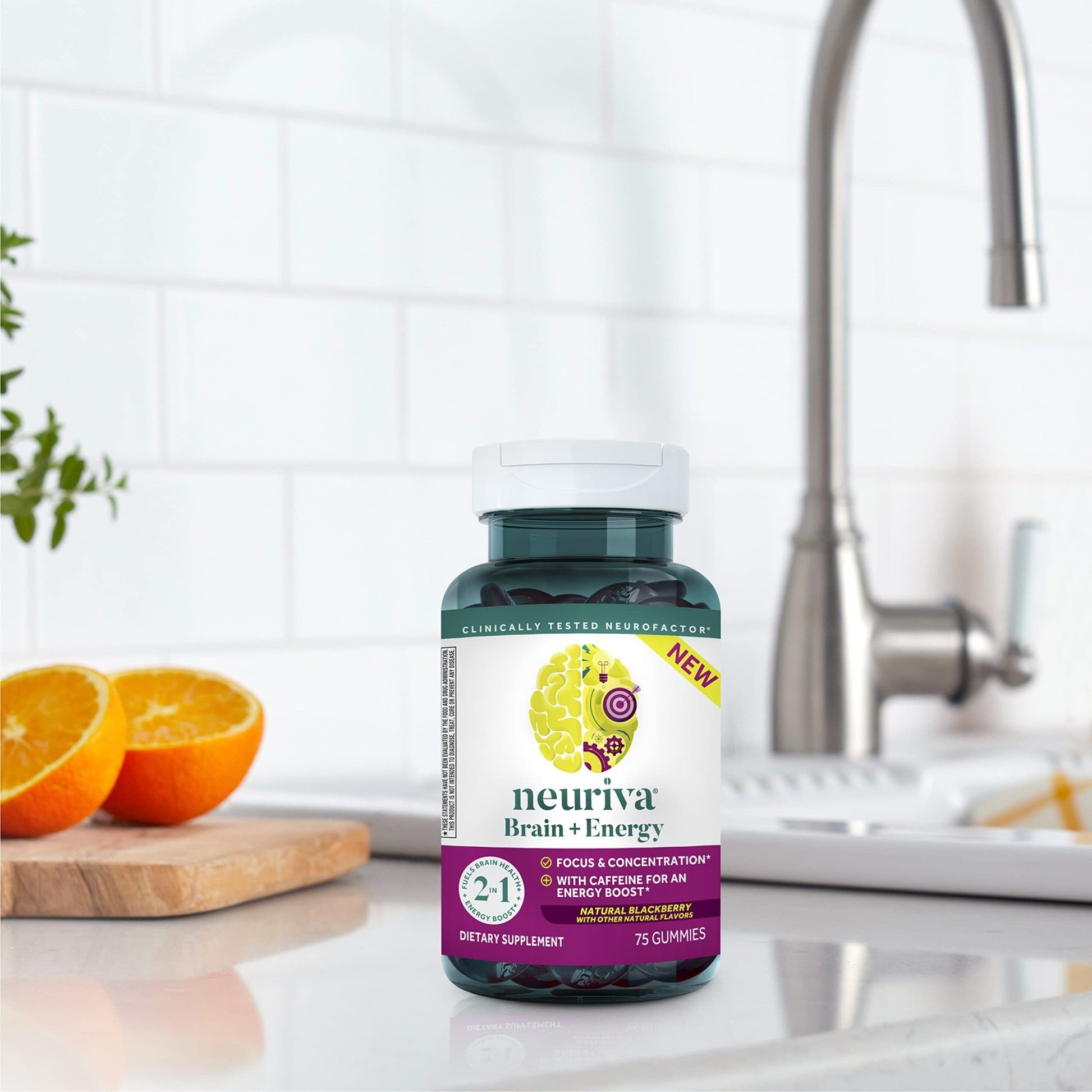 NEURIVA Brain + Energy Gummies, Nootropic Brain Supplements for Focus and Concentration with Neurofactor, Vitamin B12 & Caffeine for an Energy Boost*, 75ct Natural BlackBerry - OzHealthStandard