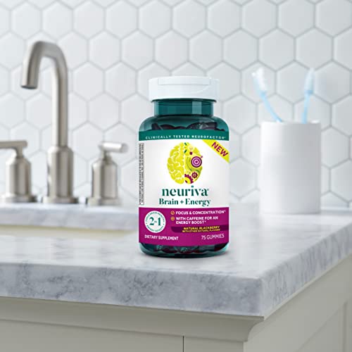 NEURIVA Brain + Energy Gummies, Nootropic Brain Supplements for Focus and Concentration with Neurofactor, Vitamin B12 & Caffeine for an Energy Boost*, 75ct Natural BlackBerry - OzHealthStandard