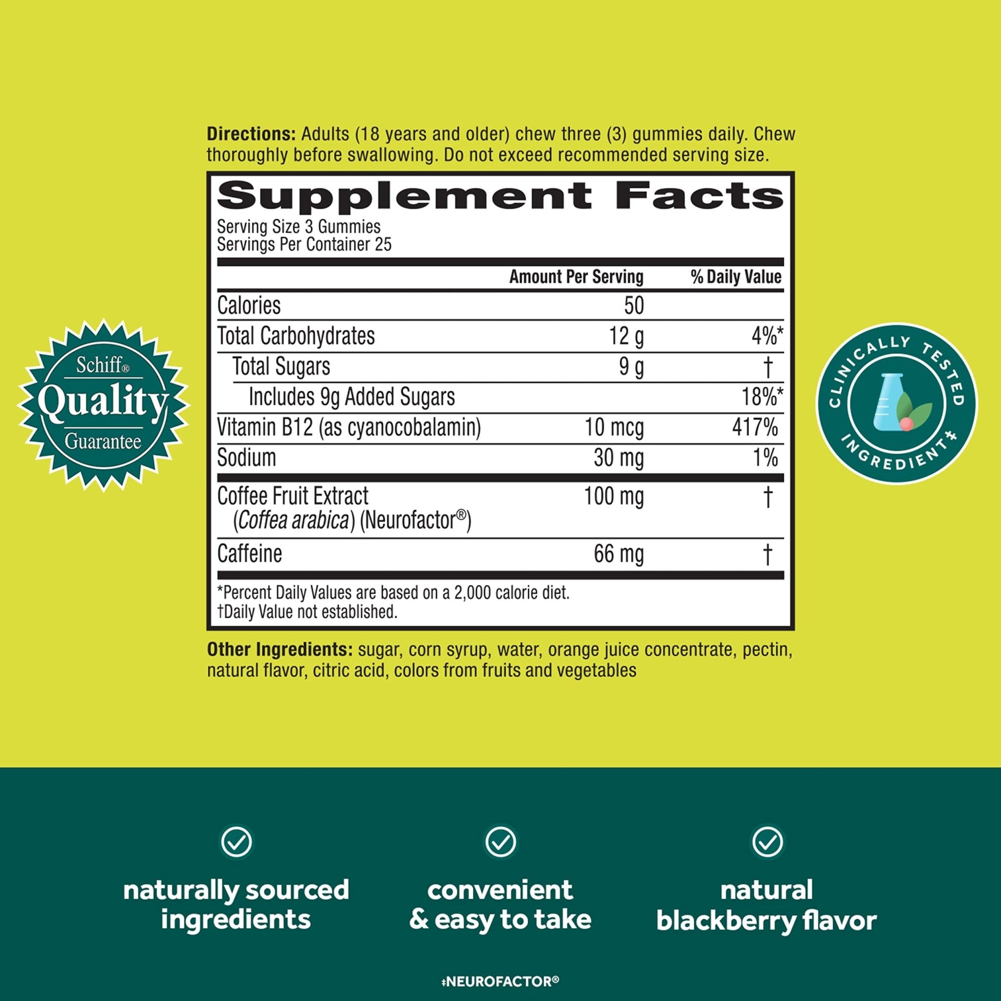 NEURIVA Brain + Energy Gummies, Nootropic Brain Supplements for Focus and Concentration with Neurofactor, Vitamin B12 & Caffeine for an Energy Boost*, 75ct Natural BlackBerry - OzHealthStandard