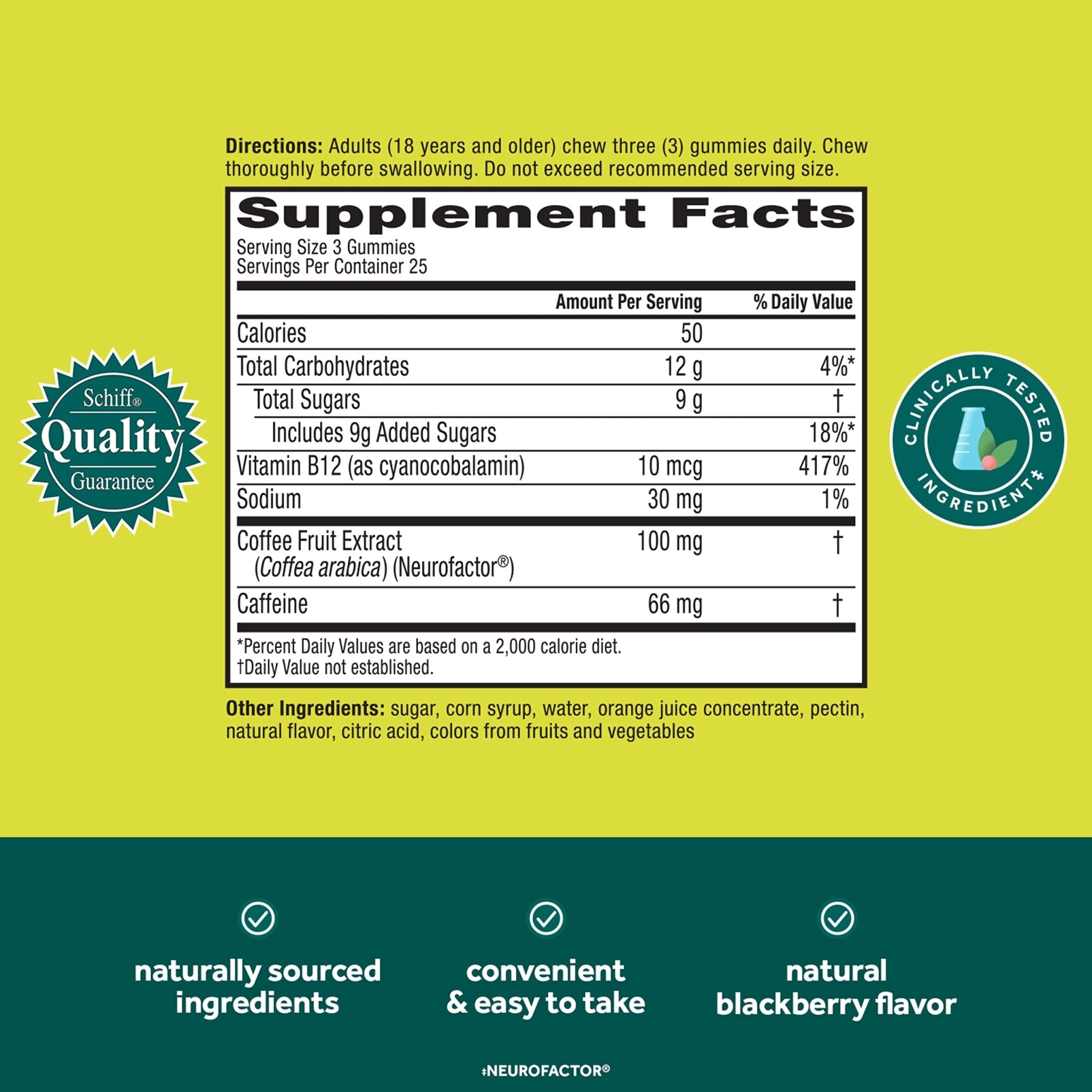 NEURIVA Brain + Energy Gummies, Nootropic Brain Supplements for Focus and Concentration with Neurofactor, Vitamin B12 & Caffeine for an Energy Boost*, 75ct Natural BlackBerry - OzHealthStandard