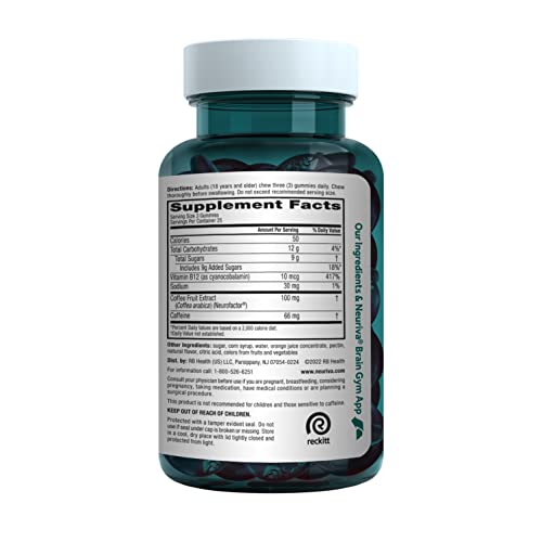 NEURIVA Brain + Energy Gummies, Nootropic Brain Supplements for Focus and Concentration with Neurofactor, Vitamin B12 & Caffeine for an Energy Boost*, 75ct Natural BlackBerry - OzHealthStandard