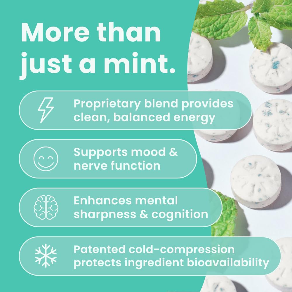 Neuro Energy & Focus Mints - Sugar Free Breath Mints with 40mg Natural Caffeine, B Vitamins & L-Theanine - Vegan Brain Supplement for Exercise, Study & Daily Focus - Peppermint, 12 ct - OzHealthStandard