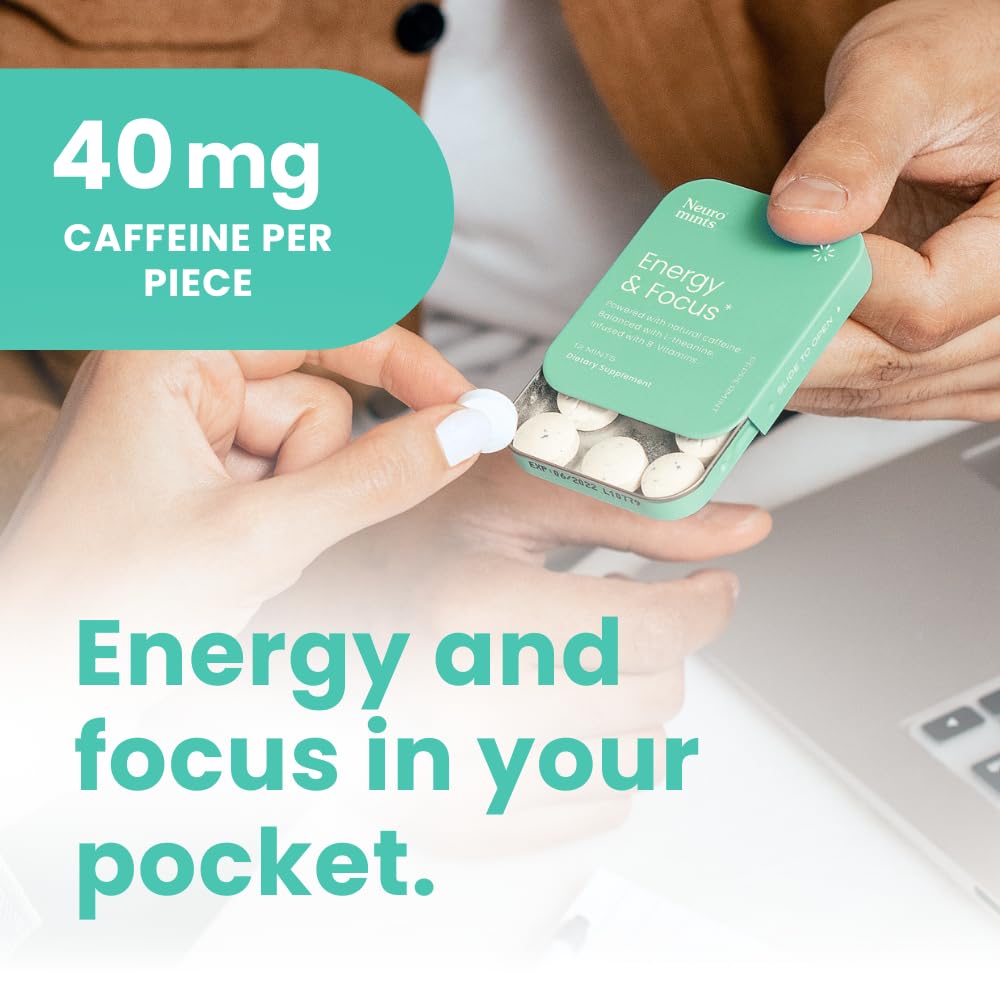 Neuro Energy & Focus Mints - Sugar Free Breath Mints with 40mg Natural Caffeine, B Vitamins & L-Theanine - Vegan Brain Supplement for Exercise, Study & Daily Focus - Peppermint, 12 ct - OzHealthStandard