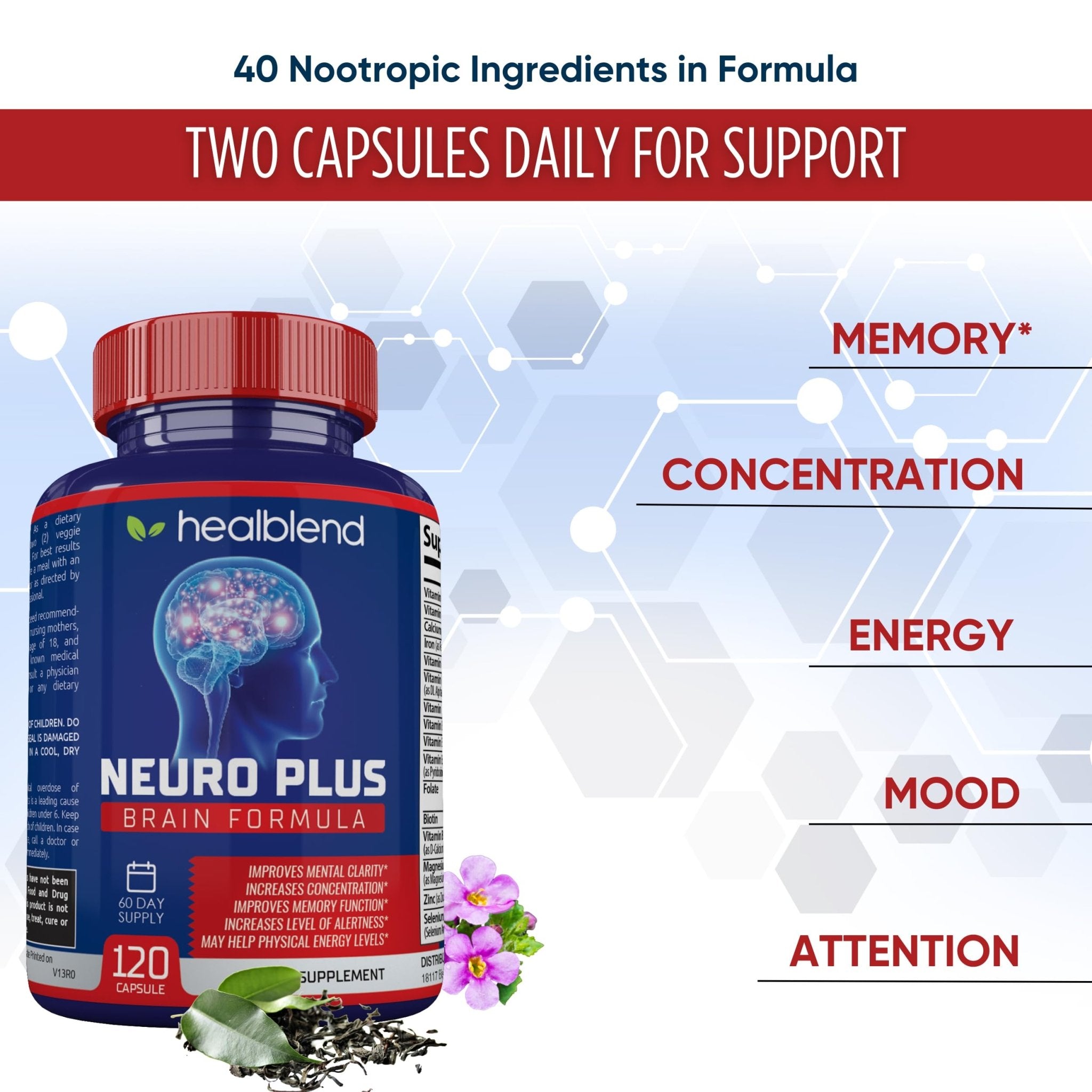 Neuro Plus Brain & Focus Formula - Nootropic Brain Booster Supplement, Supports Brain Health, Mental Clarity & Focus - Enhances Concentration & Mental Energy – 120 Capsules (1) - OzHealthStandard
