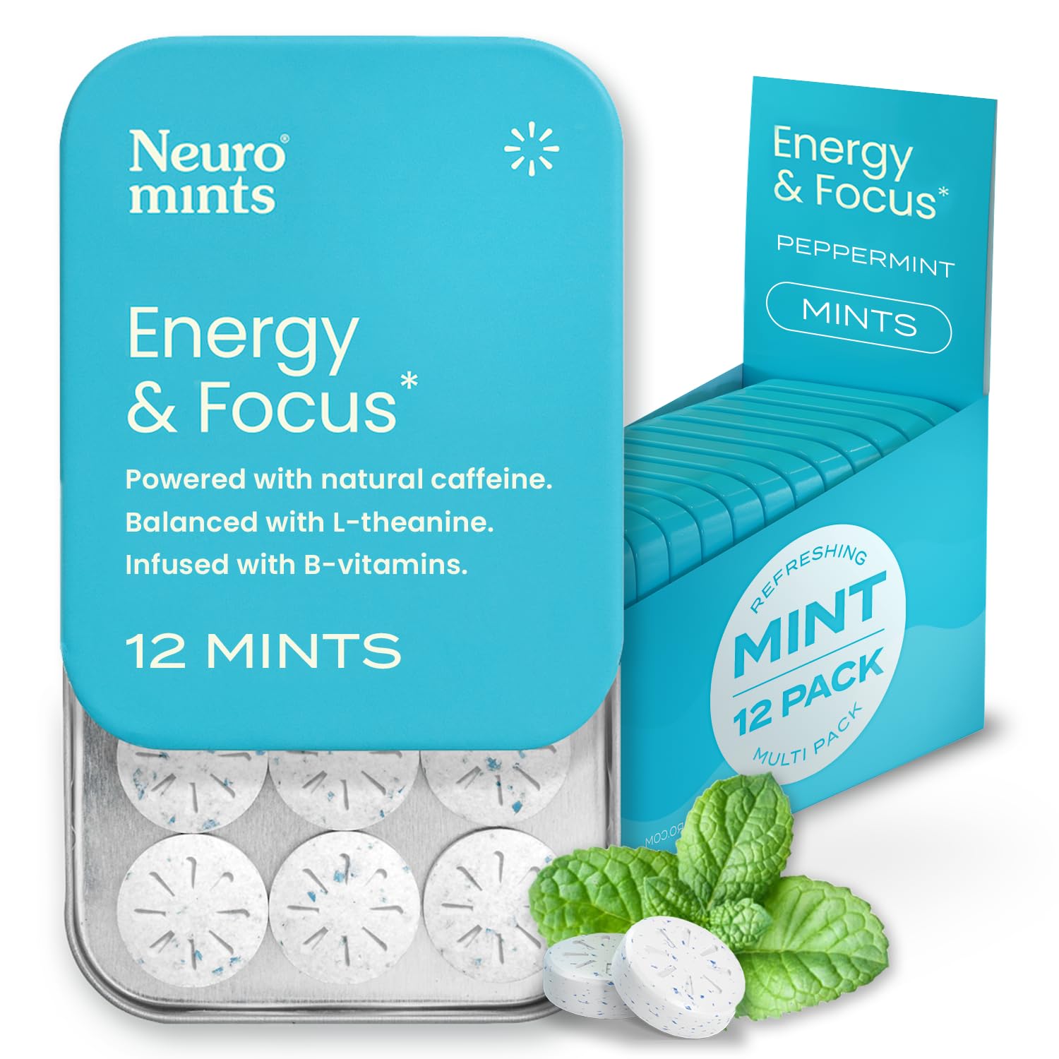 NeuroGum Energy Caffeine Mints (144 Pieces) - Sugar Free with L-theanine + Natural Caffeine + Vitamin B12 & B6 - Nootropic Energy & Focus Supplement for Women & Men - Keto & Vegan, Peppermint Flavor - OzHealthStandard