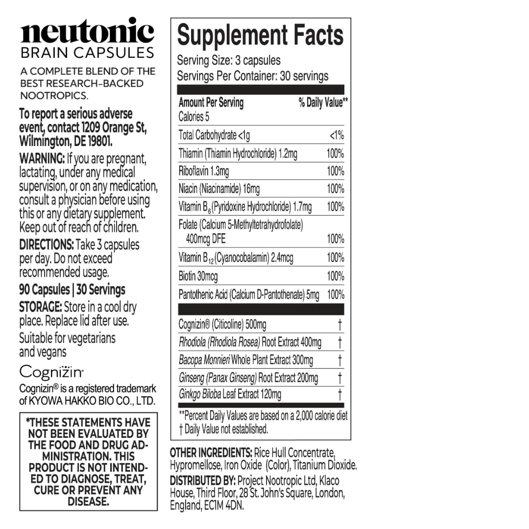 Neutonic Nootropic Brain Supplement | 1 Month Supply 90 Capsules | for Men and Women | Support Memory, Mental Clarity, Cognitive Function | Boost Focus, Energy, Brain Health - OzHealthStandard