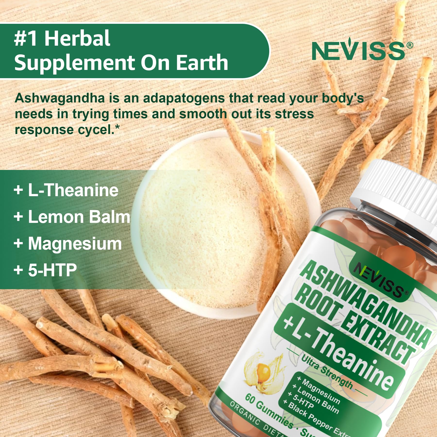 NEVISS Ashwagandha Gummies 2000mg, Feel Refreshed, Plus Proprietary Blend with L-Theanine, 5-HTP, Lemon Balm, Magnesium for Calm, Zzzs & Relaxation Support, 120 Count - OzHealthStandard