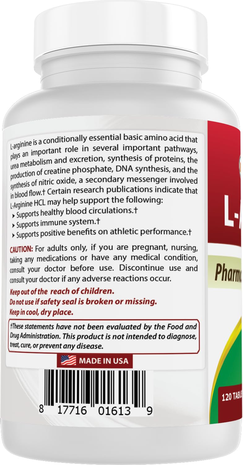 (New Improved Formula) Best Naturals L-Arginine 1000 mg 120 Tablets - Pharmaceutical Grade L Arginine Supplement - OzHealthStandard