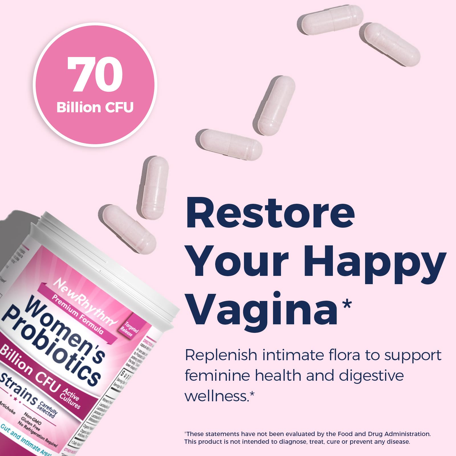 NewRhythm Women's Probiotics, Organic Prebiotics, 70 Billion CFU 10 Strains, Vaginal Probiotics for Urinary & Digestive Health, 30 Vegan Capsules, No Bloating - OzHealthStandard
